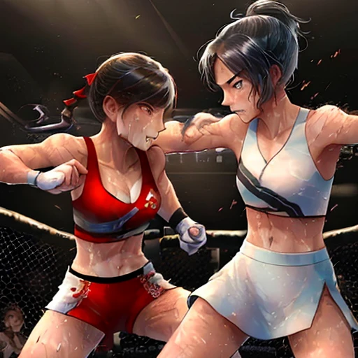 Two beautiful young female mixed martial artists、They&#39;re punching really hard in the Octagon.。fist fight。Batting battle。Random hits。fierce battle。black hair。desperate look。sweaty。Full of scars。six pack。