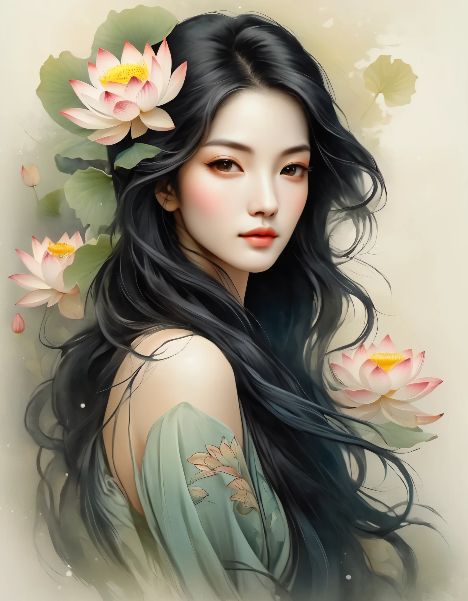 （Close-up of a woman with lotus tattoo on her neck）,This woman has a delicate and charming face，long black hair，（Clear lotus tattoo on neck），Flowing hair vignette，fair face，Foxy, slender, beautiful eyes， elegant digital art, Beautiful digital illustrations, beautiful figure painting, 