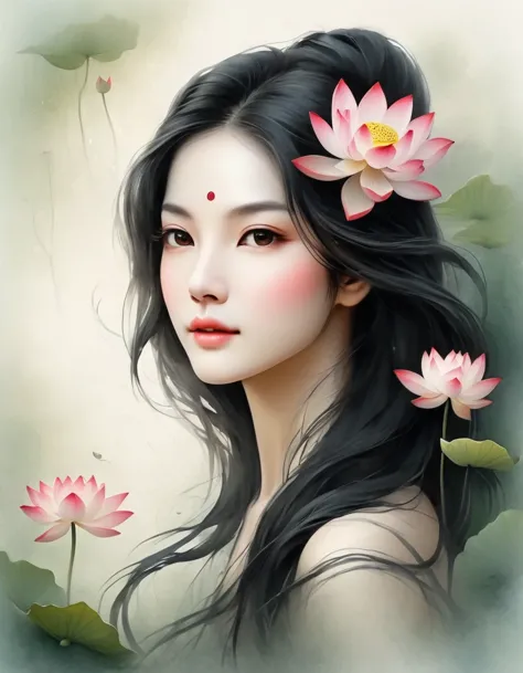 （Close-up of a woman with lotus tattoo on her neck）,This woman has a delicate and charming face，long black hair，（Clear lotus tat...