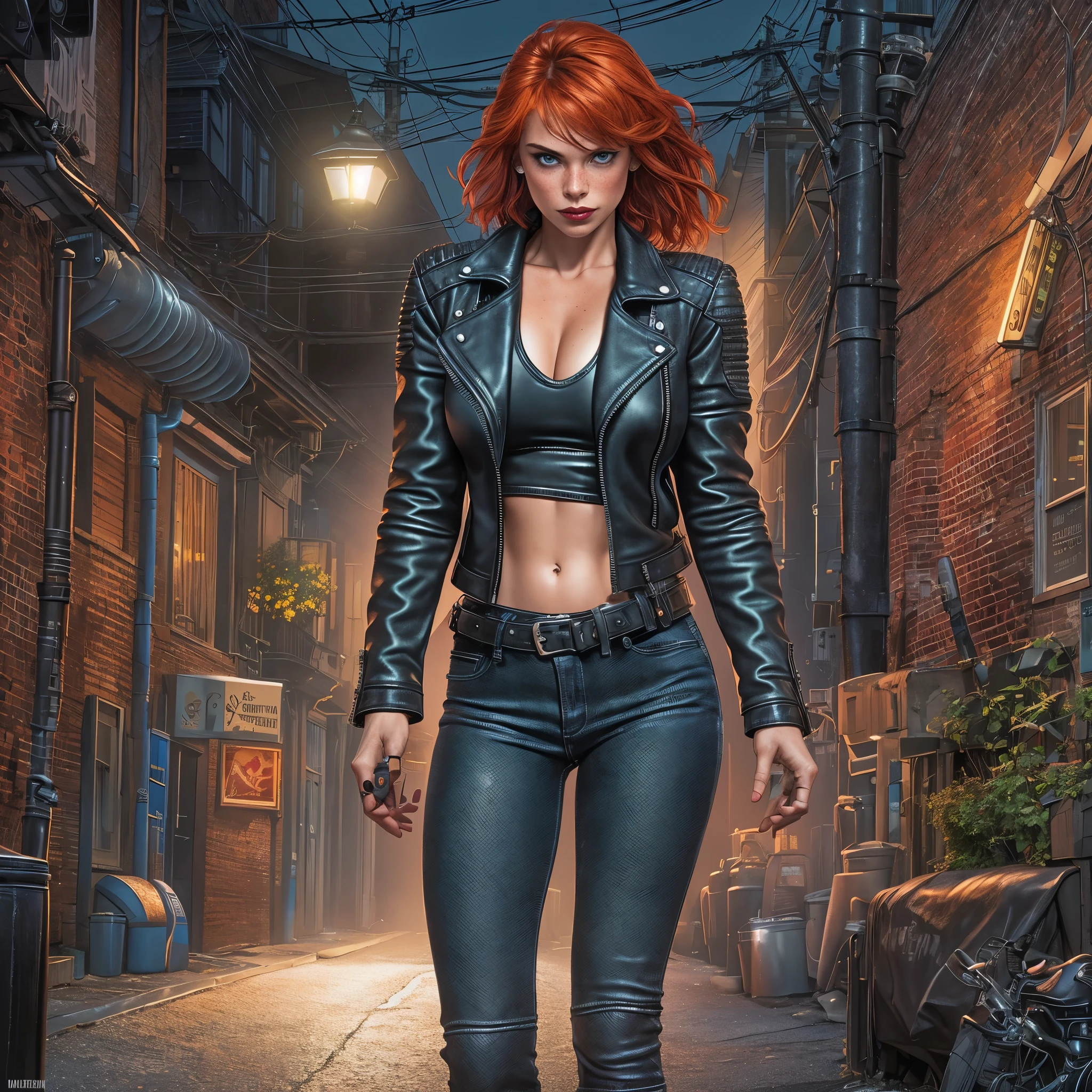 award winning photo, night, extremely detailed, amazing, fine detail, highly detailed woman, (extremely detailed eyes and face), full body, ((wide open black leather jacket)), (blue jeans), fitness, short red hair, freckles, by Frank Cho and Terry Dodson, wrist watch, (dark alley, dark night), (black heavy metal tanktop)