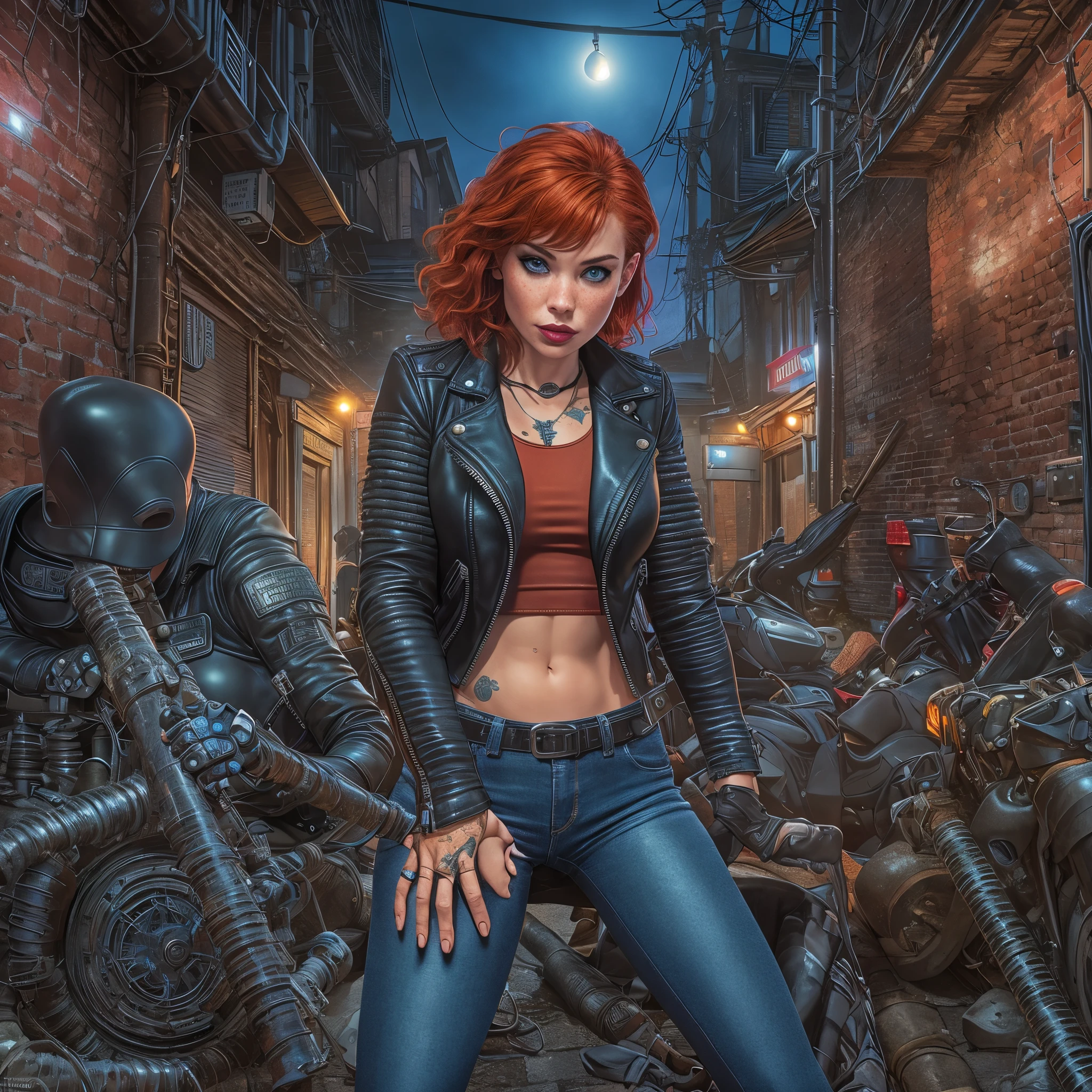 award winning photo, night, extremely detailed, amazing, fine detail, highly detailed woman, (extremely detailed eyes and face), full body, ((wide open black leather jacket)), (blue jeans), fitness, short red hair, freckles, by Frank Cho and Terry Dodson, wrist watch, (dark alley, dark night), (black heavy metal tanktop)