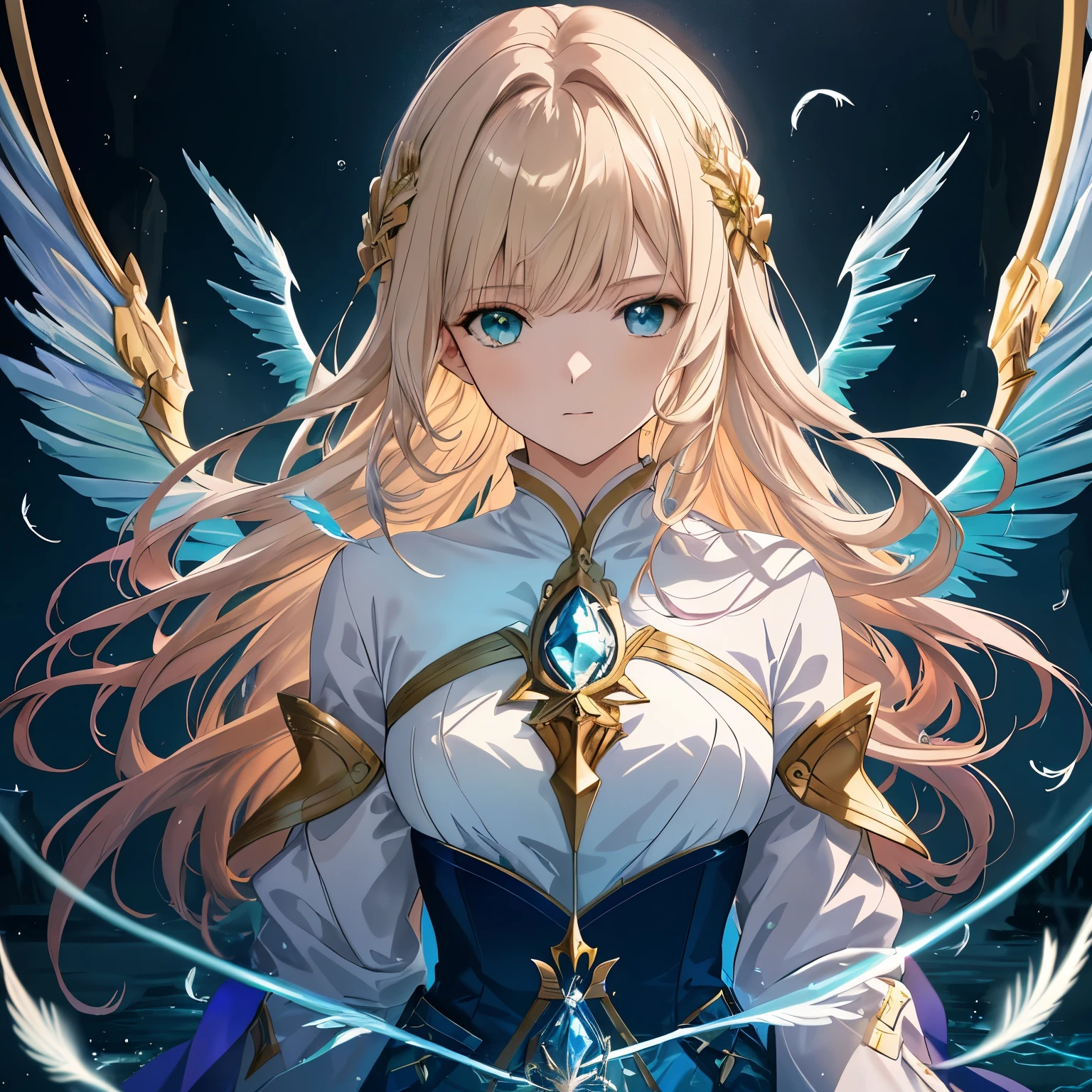 Theme: Gabriel, one of the four archangels of the anime "Bastard" and symbol of water
Number of people: 1
Costume and Color: Fluid light blue robe with golden accents
Hair style and color: Long, wavy blonde hair
World view: Mysterious water kingdom
Possessions and weapon details: crystal staff with translucent crystal
Wing details: Transparent blue and white feathers
Emotion and movement: calm and graceful in the air
Point of View and Composition: Angle looking down from above, with Gabrielle in the center
Background and colors: deep water, dark surroundings but light only around Gabrielle
Light and shadow: soft light illuminates Gabriel, surroundings slightly darker
Other: Gold, green, and blue as the base color, with yellow, silver, deep red, and purple as accents. The style is that of high-definition official artwork or highly detailed exquisite fan art that trends on art stations and pix. The style is based on Kushart Klenz's key art, feminine style and Fate style. We also incorporate realistic anime 2.5D style and realistic anime girl style.
Improved image quality: We use the golden ratio 1.2 and drawing board 1.3 to achieve absurdres, top quality, photorealistic, hyperrealistic, and ultra-detailed illustrations. The ultra-high resolution, large file size, and 64K create beautiful masterpieces. Faces are in high definition and lighting is flawless. You can choose between 8K resolution, Ultra High Resolution: 1.2, and higher resolutions (HD, 4K, 8K, 16K, etc.). Color bit depth is 24 and 48 bits.
