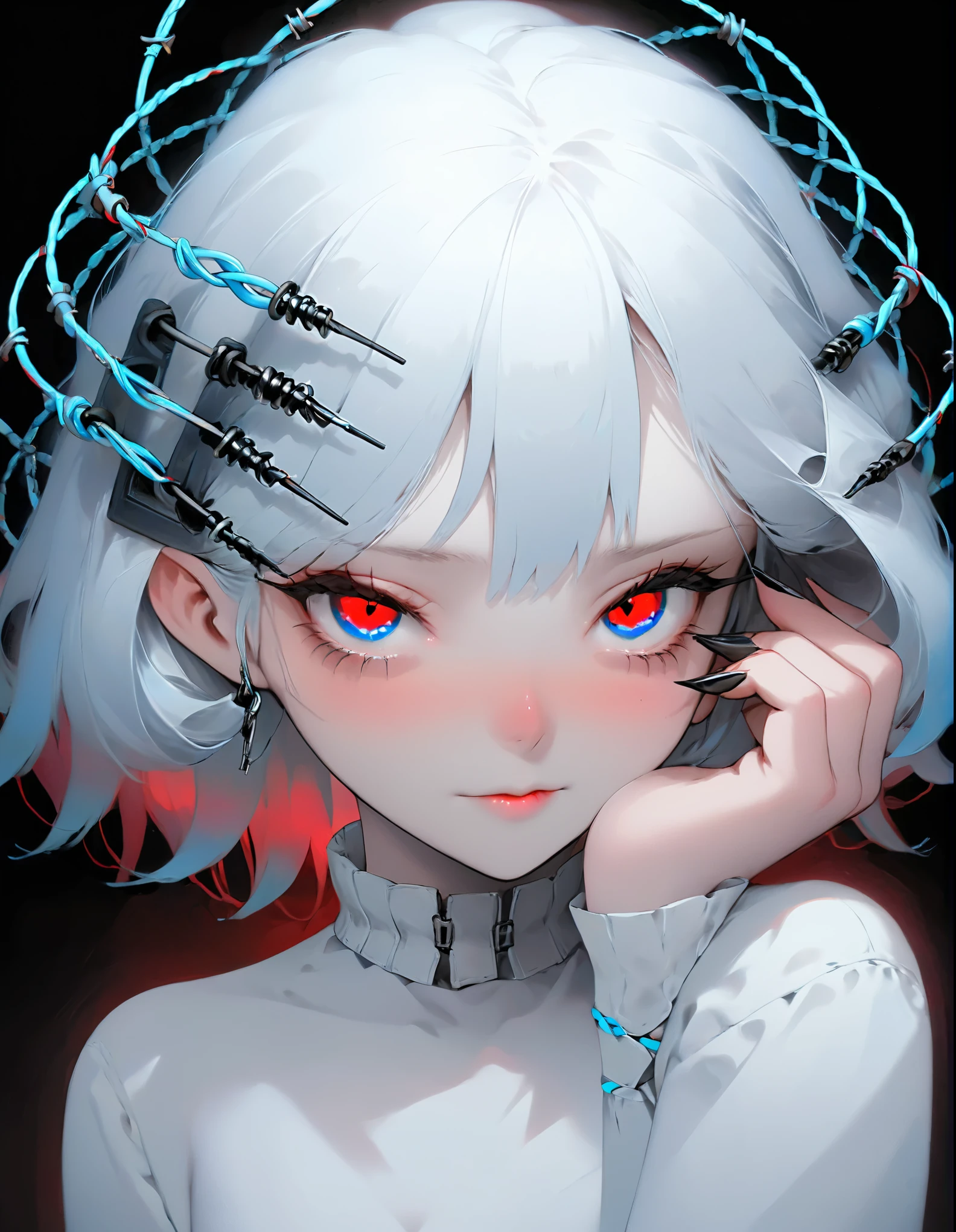 Anime girl with blue eyes and white hair with barbed wire around her head -  SeaArt AI