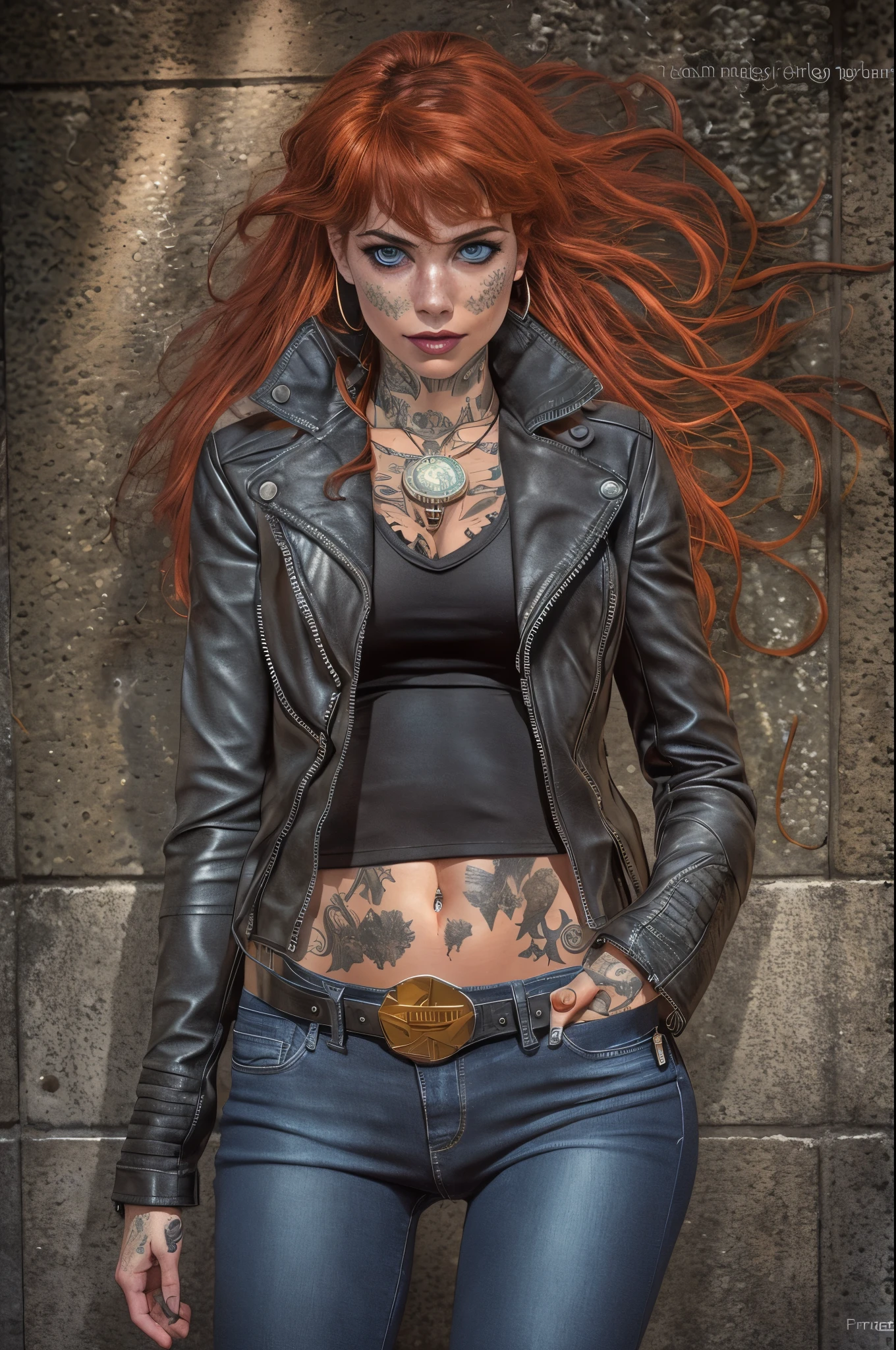 award winning photo, night, extremely detailed, amazing, fine detail, highly detailed woman, (extremely detailed eyes and face), full body, ((wide open black leather jacket)), (blue jeans), fitness, short red hair, freckles, by Frank Cho and Terry Dodson, wrist watch, (dark alley, dark night), (black heavy metal tanktop)