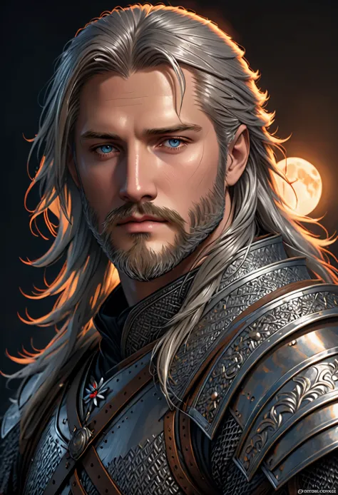 Night portrait of actor Travis Fimmel as Geralt of Rivia, his face is illuminated by the full moon, He has a beard, Model shooti...