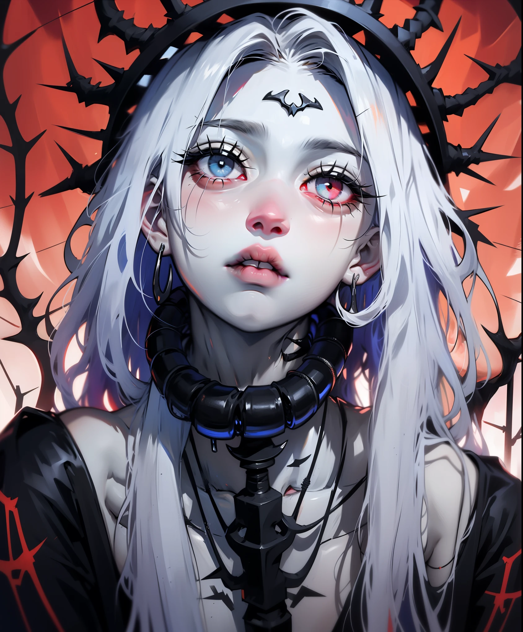 Hermosa joven de pelo blanco con penetrantes ojos rojo y azul, media sonrisa con labios carnosos, black nails, barbed wires everywhere(coiled black barbed wires),read eyes,blue eyes, (ojos diferentes), (heterochromia)