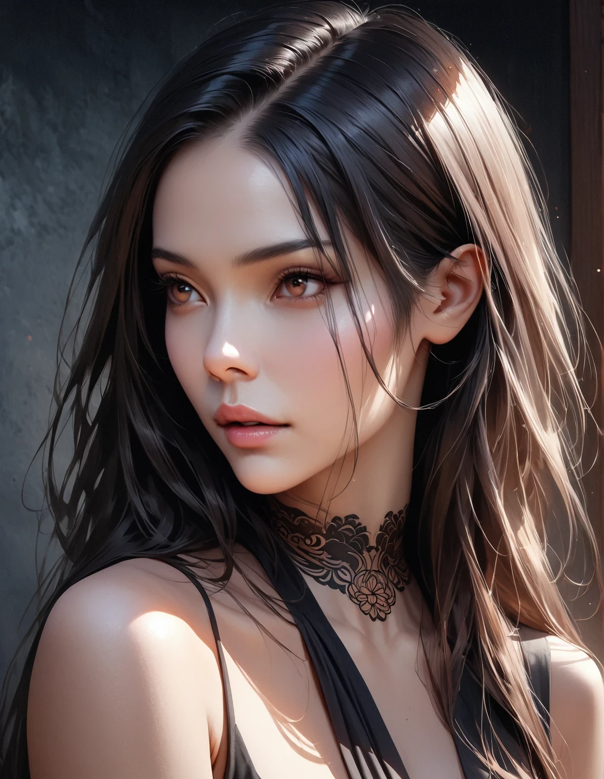 (best quality,4k,8k,highres,masterpiece:1.2),ultra-detailed,(realistic,photorealistic,photo-realistic:1.37),simple modern art,close-up of a woman with lotus tattoo on her neck, flowing black long hair, black minimalist clothing, pure and smooth skin, slender and beautiful eyes, by Mei Qing, elegant and beautiful digital art, exquisite digital illustration, beautiful portrait, watercolor painting combined with photography, rendered with high octane value.