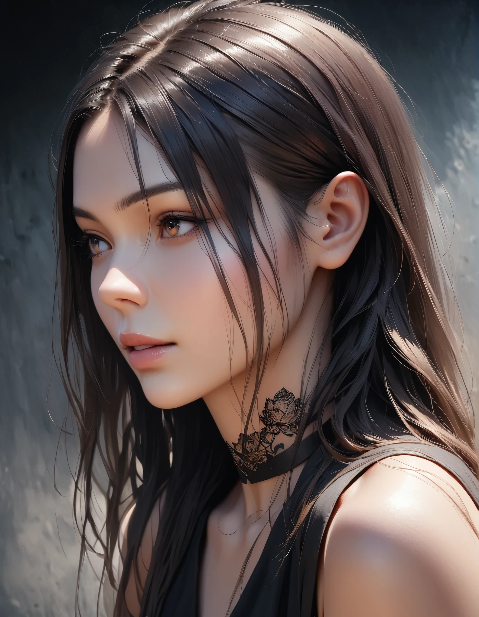 (best quality,4K,8K,high resolution,masterpiece:1.2),Super detailed,(actual,photoactual,photo-actual:1.37),simple modern art,Close-up of woman with lotus tattoo on neck, flowing long black hair, Black simple clothing, Skin is pure and smooth, slender beautiful eyes, by Mei Qing, Elegant and beautiful digital art, Beautiful digital illustrations, beautiful portrait, Combination of watercolor painting and photography, Has a high octane rating.