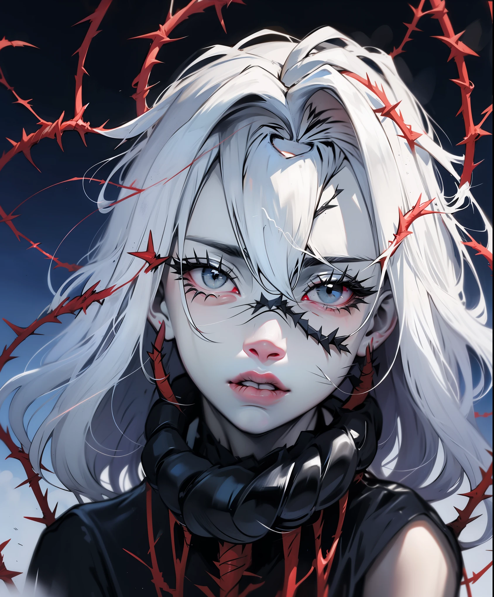 Beautiful young white-haired woman with piercing red and blue eyes, half smile with full lips, black nails, barbed wires everywhere(coiled black barbed wires),read eyes,blue eyes, (different eyes), (heterochromia)
