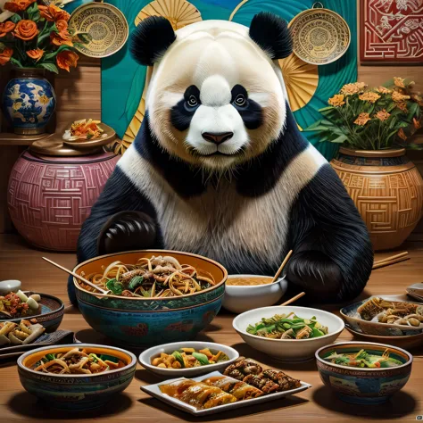 the size of the square 4x4, a lifelike panda holding a bowl, holding chopsticks eating chinese food, in front of a table of diff...