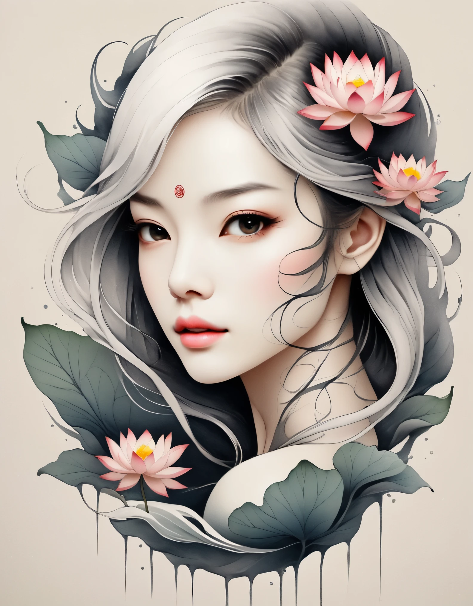 modern minimalist art，（Close-up of a woman with lotus tattoo on her neck）,This woman has a delicate and charming face，long black hair，（Clear lotus tattoo on neck：1.3），Flowing hair vignette，fair face，Foxy, slender, beautiful eyes， elegant digital art, Beautiful digital illustrations, beautiful figure painting, 