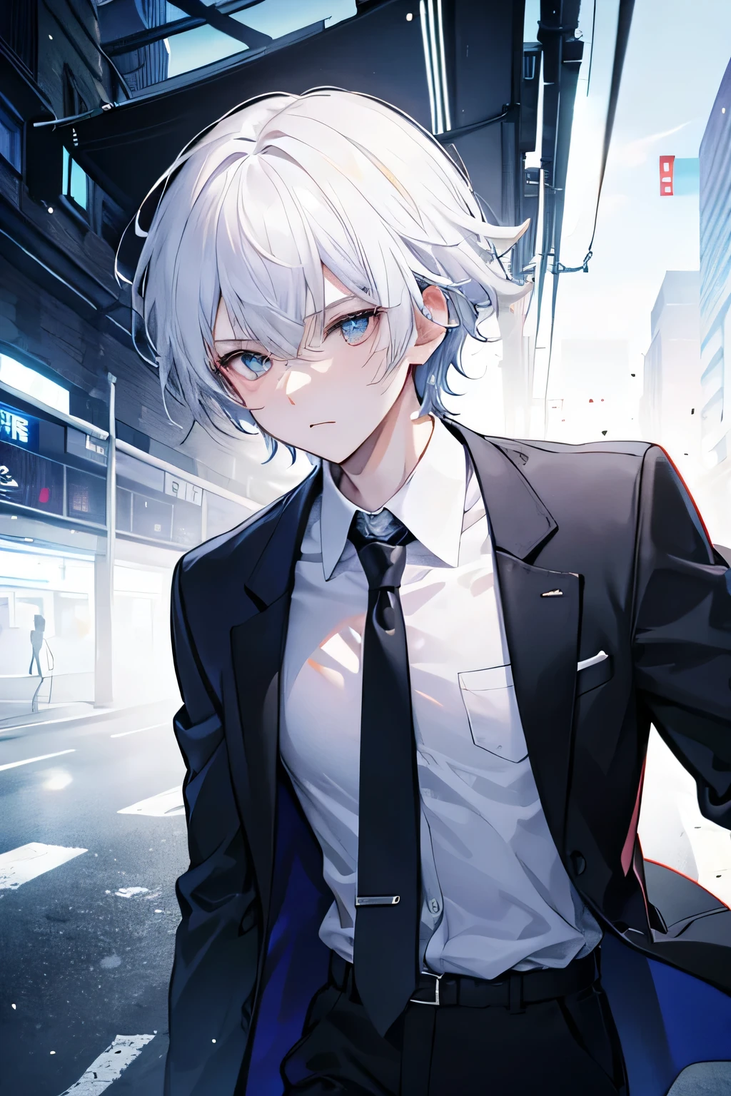 handsome boy, front, Worried, White sports coat, short black hair, on the road, Ultra high definition, high real, 4k, chiaroscuro, Super detailed,