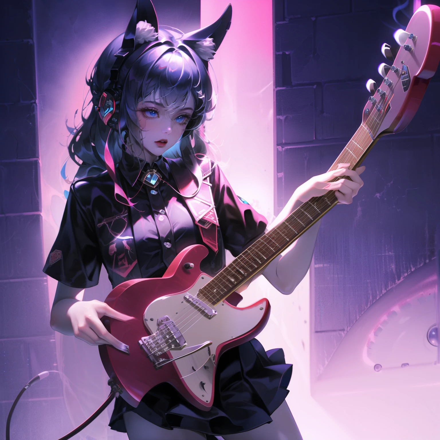 ((chef-d&#39;œuvre, Meilleure qualité))1 fille, seul, jupe noire, yeux bleus, electric guitare, guitare, Écouteur, Double queue辮, Garder, Garder plectrum, musiqueal instrument, cheveux longs, musique, un côté vers le haut, cheveux cyan, Double queue, 弹guitare, jupe plissée, chemise noire, interne