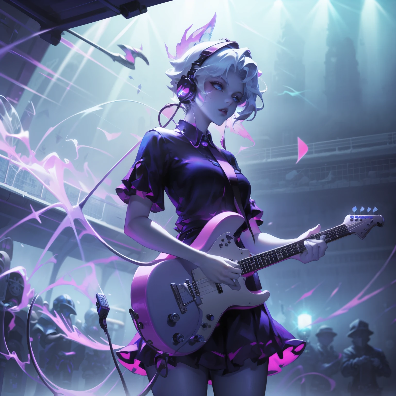 ((masterpiece, best quality))1 girl, alone, black skirt, blue eyes, electric Guitar, Guitar, earphone, Double tail辮, Keep, Keep plectrum, musical instrument, long hair, music, one side up, cyan hair, Double tail, 弹Guitar, pleated skirt, Black shirt, Internal