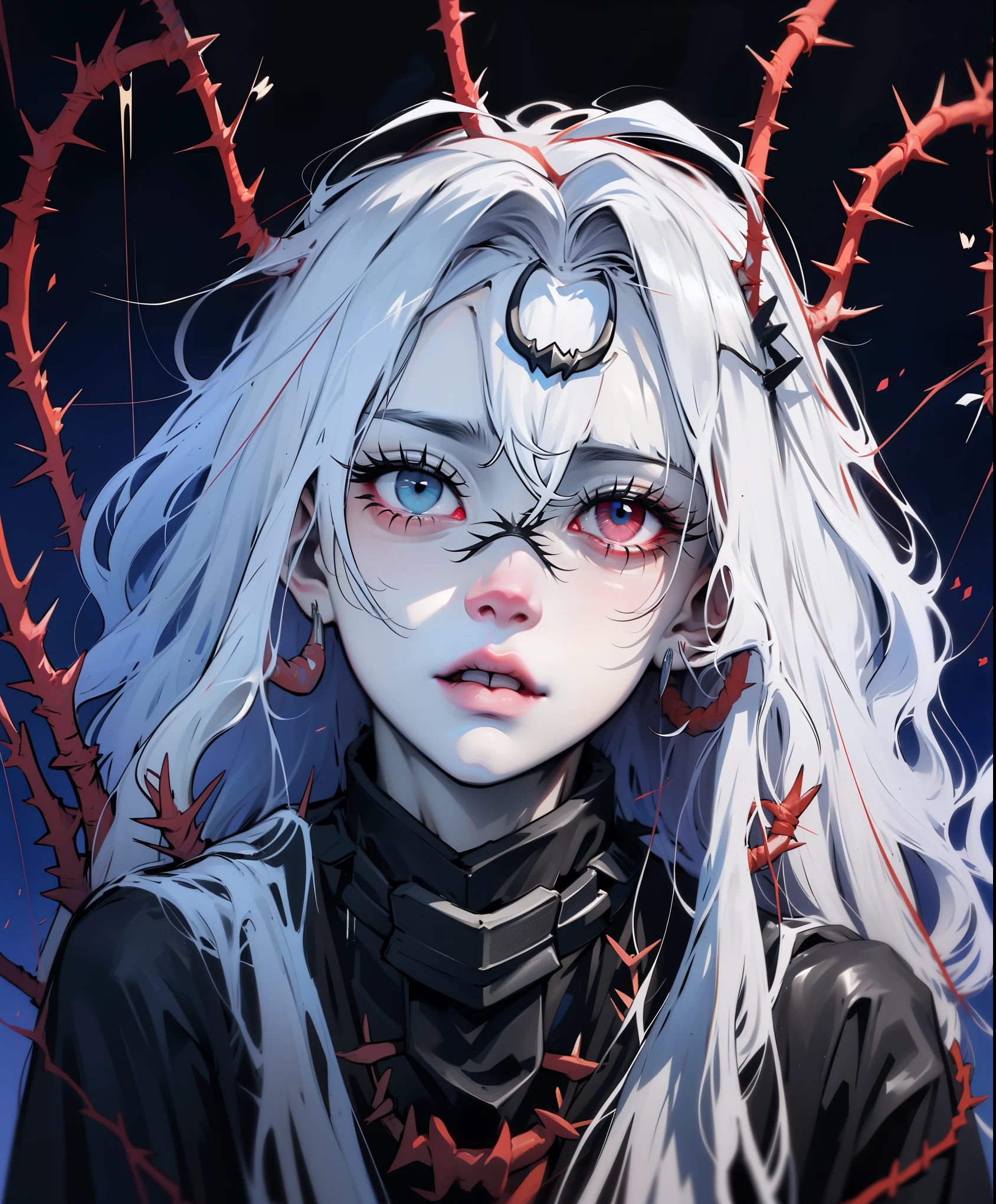 Beautiful young white-haired woman with piercing red and blue eyes, half smile with full lips, black nails, barbed wires everywhere(coiled black barbed wires),read eyes,Blue eyes, (different eyes), (heterochromia)