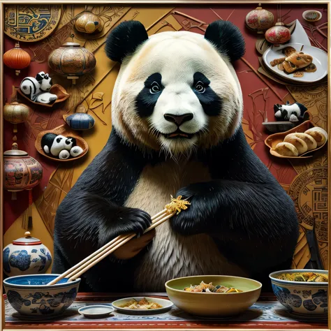 the size of the square 4x4, a lifelike panda holding a bowl, holding chopsticks eating chinese food, in front of a table of diff...