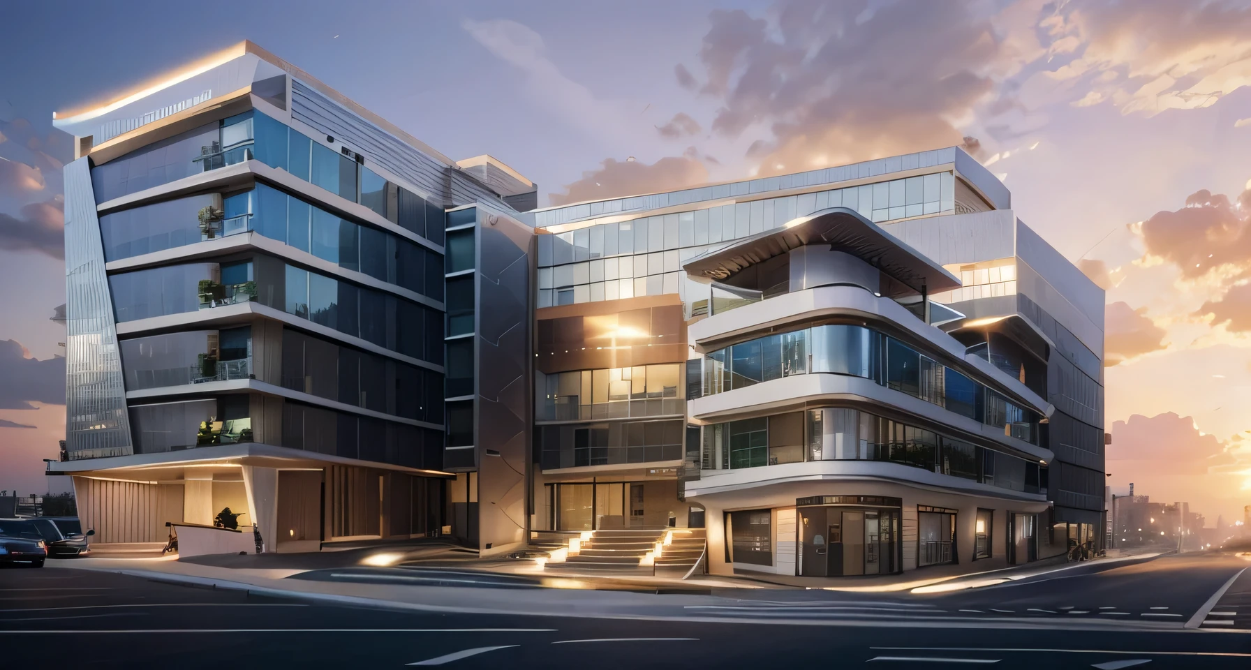 Arafed view of a modern building with a staircase leading to it - SeaArt AI