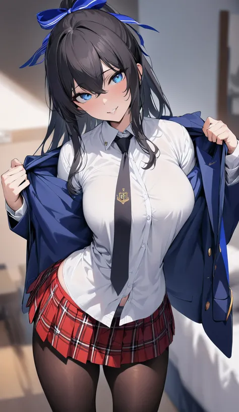 (((masterpiece))),(((best quality))), ((very detailed)), (illustration), ((very delicate and beautiful)),(blurred background),(best shadow), at room, Student President, black-gold school sign, 1 girl, tall, high school student, blue eyes, tempting eyes, bl...