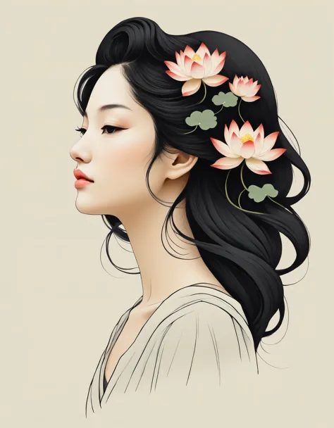 in style of Alessandro Gottardo, character, ink art, side view --ar 2:3，modern minimalist art，（Close-up of a woman with lotus ta...
