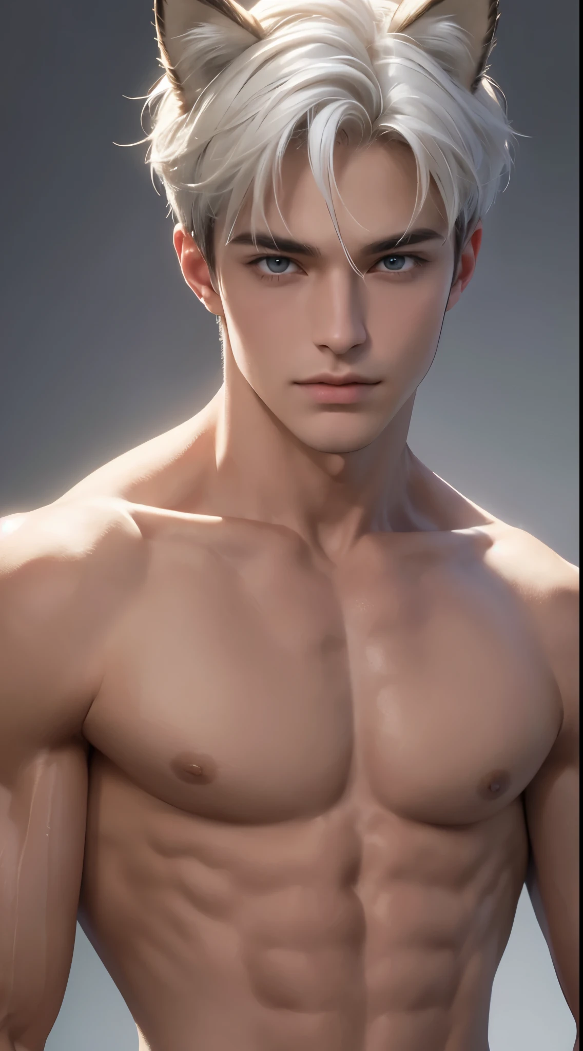 4k, high resolution, best quality, masterpiece, perfect color, perfect shade, perfect lighting, Posted by e621, ((portrait)), ((handsome man)), perfect male figure, Short hair details，chest muscles，abdominal muscles，Naked torso，Detailed face, perfect face, (stood up), Detailed background, ((Bonifasco Lighting)), (delicate eyes),(animal ears),white hair