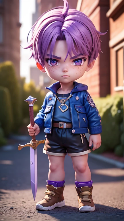 masterpiece, best quality, 8k, cinematic light, ultra high res, chibi, 1boy, shorts, purple hair, sword, blue jacket, shoes, brown eyeull body:1.2), freckles, standing,