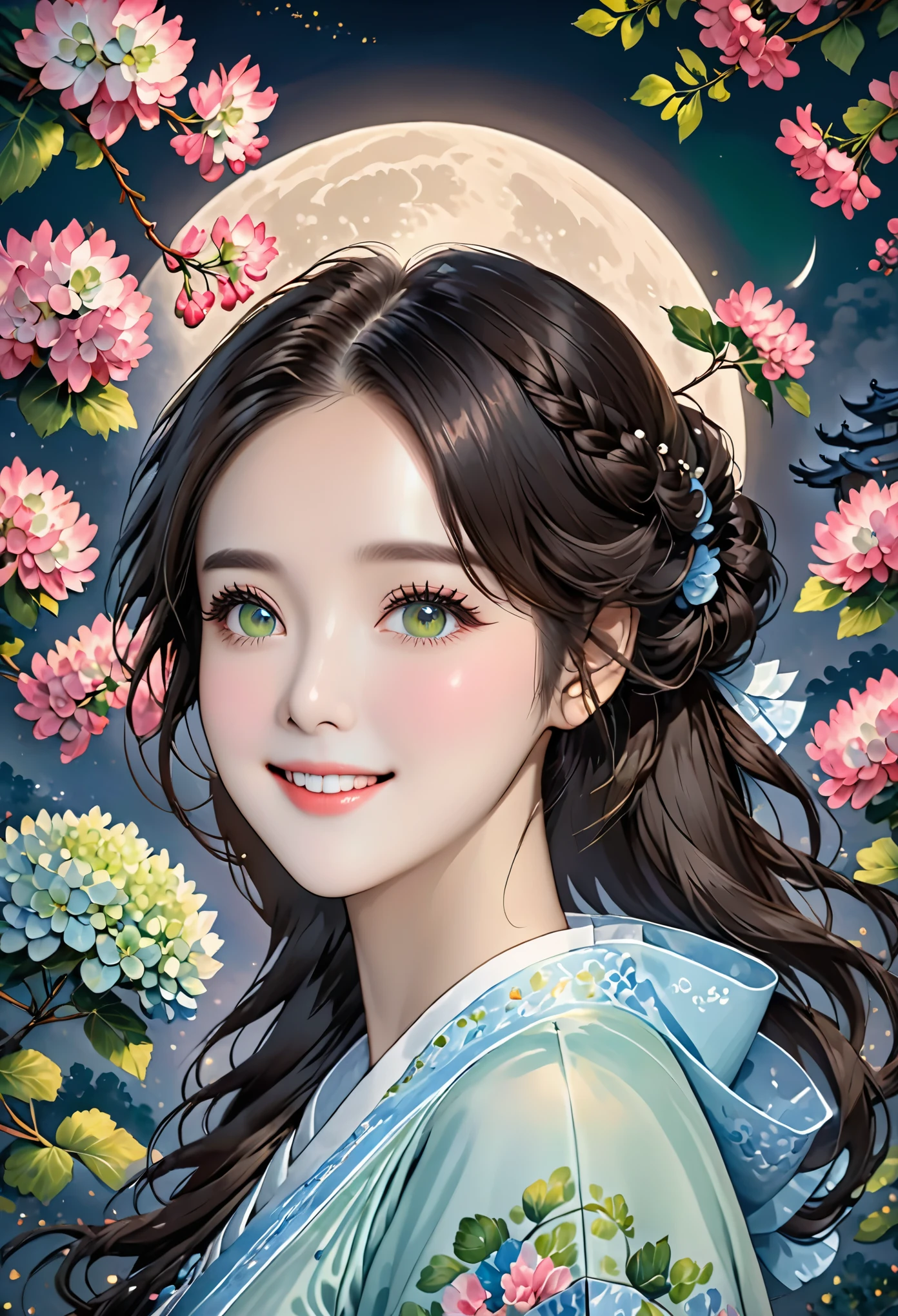 masterpiece, the best, night, full moon, 1 female, mature woman, Chinese style, China, Sister, Royal sister, Smile, Dark brown hair, black hair, princess cut, braid, curls, Double ball head, light pink lips, calm, intellectuals, Medium long hair, green pupils, hairpin, hydrangeas, delicate face, face close-up, Close-up of the hand