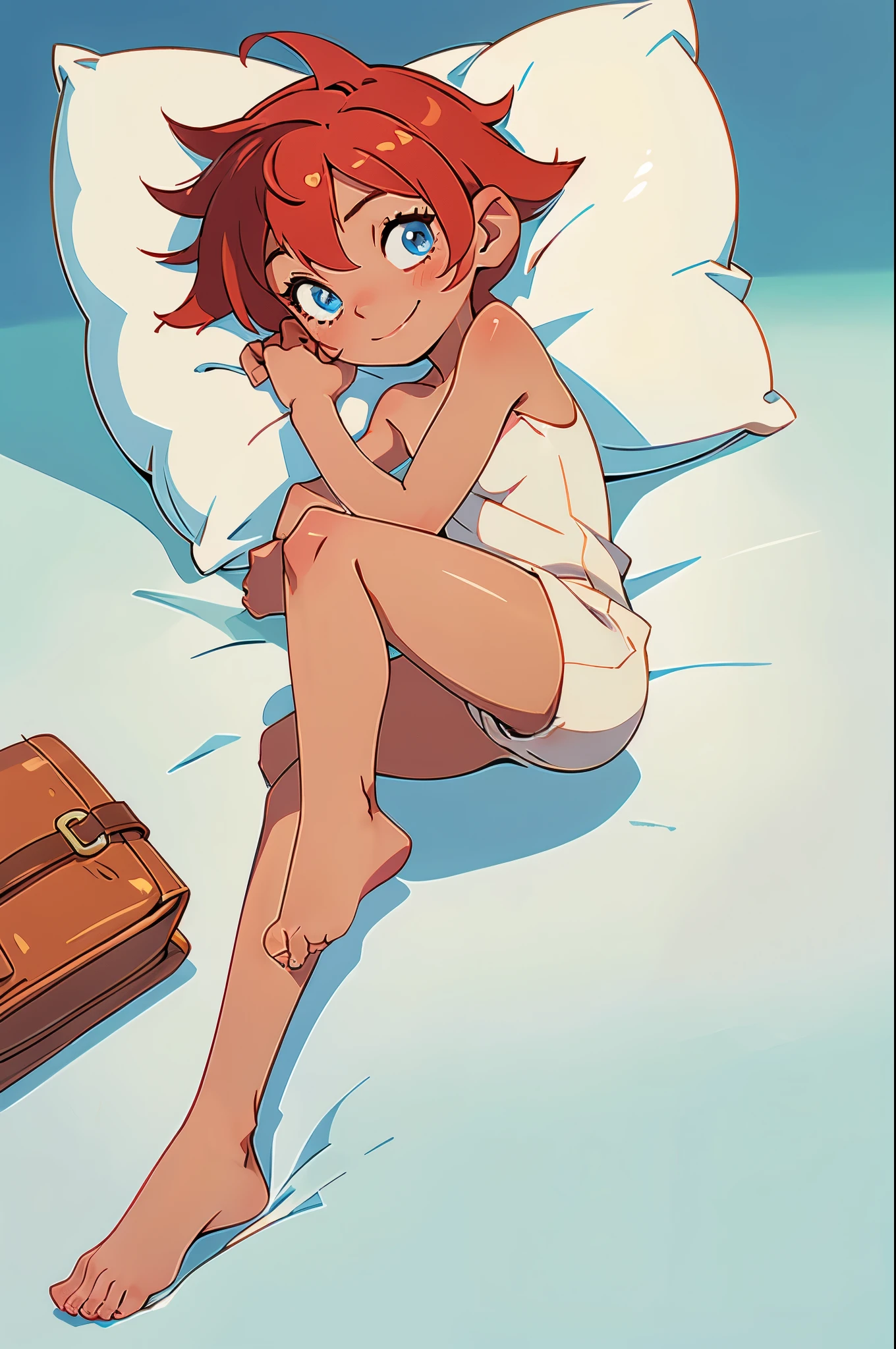 Anime girl sitting on bed with suitcase and pillow in background - SeaArt AI