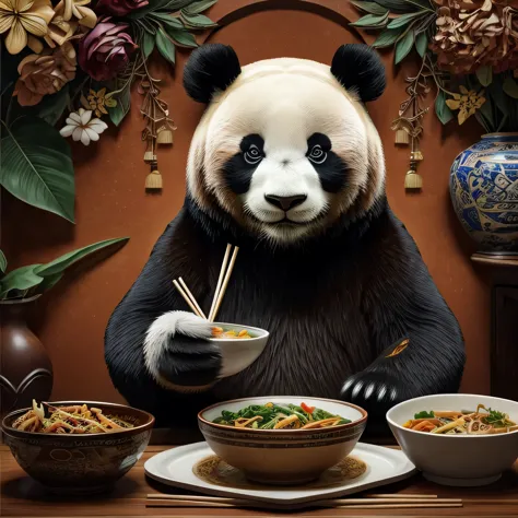 the size of the square 4x4, a lifelike panda holding a bowl, holding chopsticks eating chinese food, very happy face and in fron...