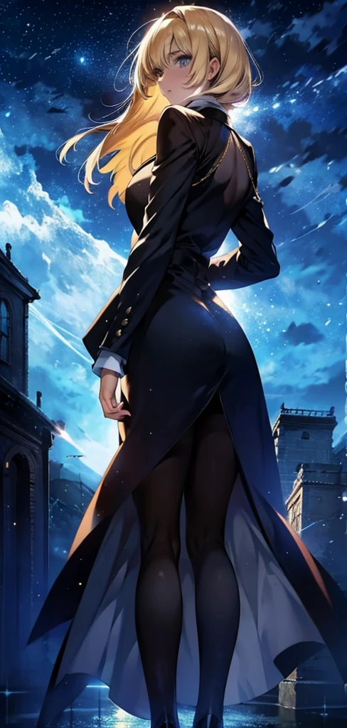 blonde woman，long coat，Rear view，silhouette，starry sky，full moon，