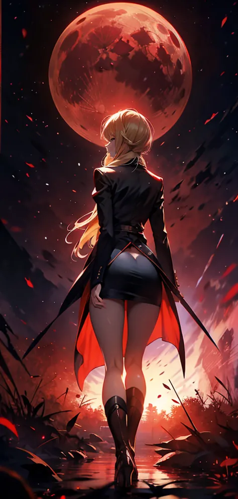 blonde woman，long coat，mini skirt，Rear view，silhouette，sexy body，red forest，Red Moon，Red Night，