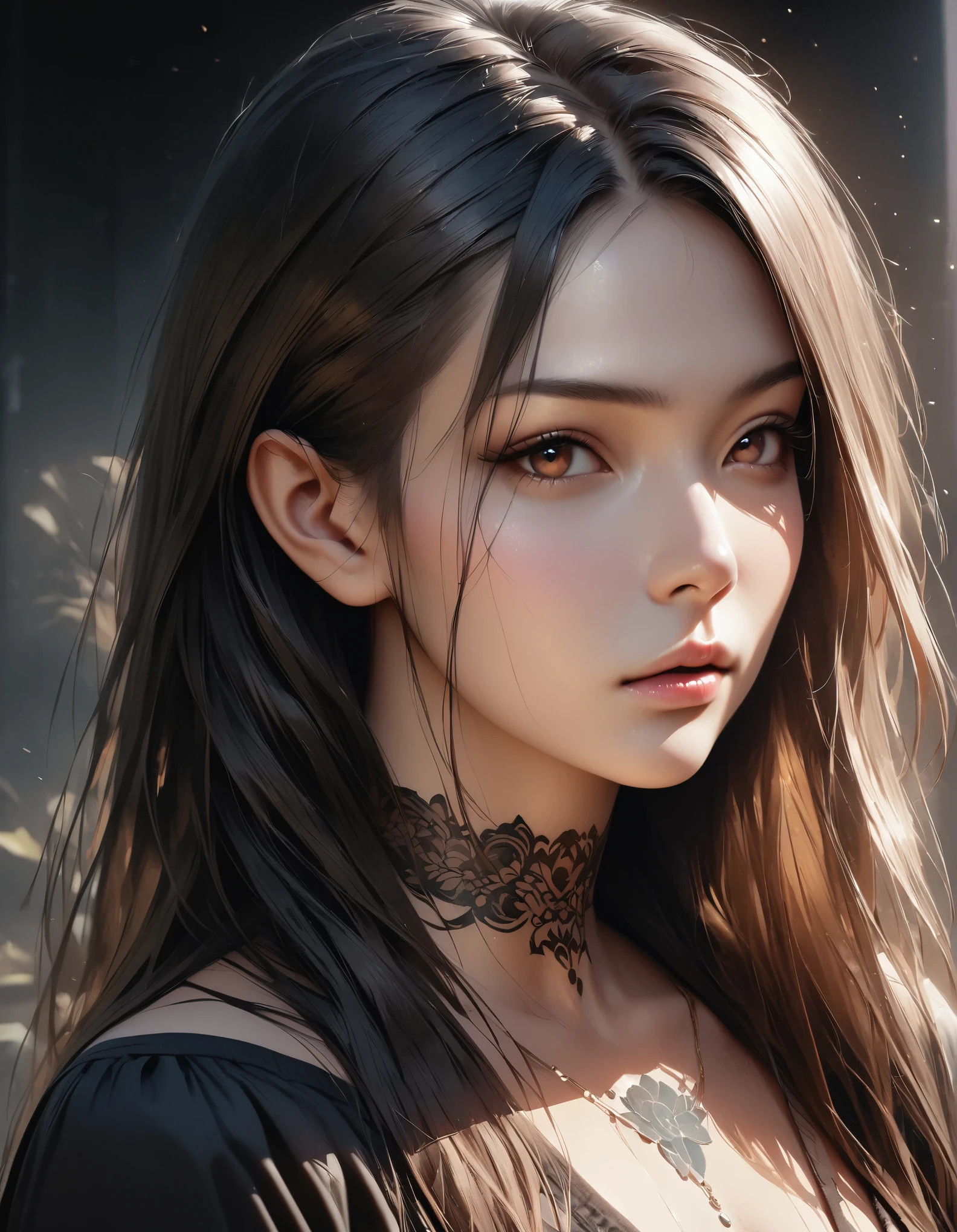 in style of Maximalism，(best quality,4k,8k,highres,masterpiece:1.2),ultra-detailed,(realistic,photorealistic,photo-realistic:1.37),simple modern art,close-up of a woman with lotus tattoo on her neck, flowing black long hair, black minimalist clothing, pure and smooth skin, slender and beautiful eyes, by Mei Qing, elegant and beautiful digital art, exquisite digital illustration, beautiful portrait, watercolor painting combined with photography, rendered with high octane value.