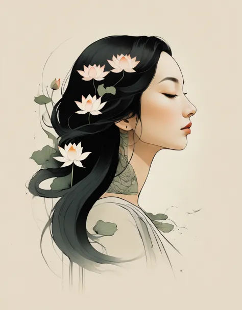 in style of Alessandro Gottardo, character, ink art, side view ，modern minimalist art，（Close-up of a woman with lotus tattoo on ...