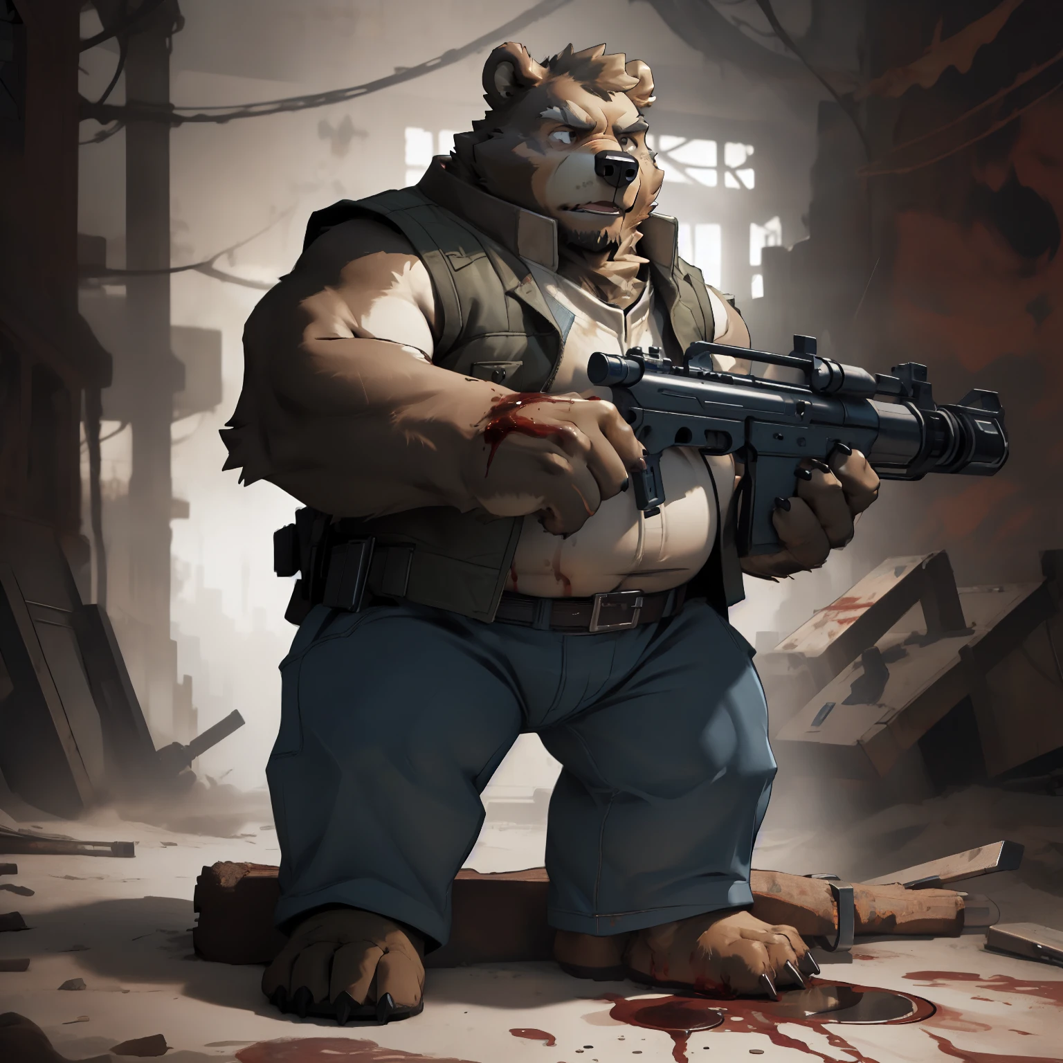 New Jersey 5 Hairy, Bear，Full body portrait of an individual, male,exquisite， chubby，thick arms，plush fur，front，stand，white vest，blue jeans，Bullet belt，Armed with a heavy machine gun，Blood，Expendables
