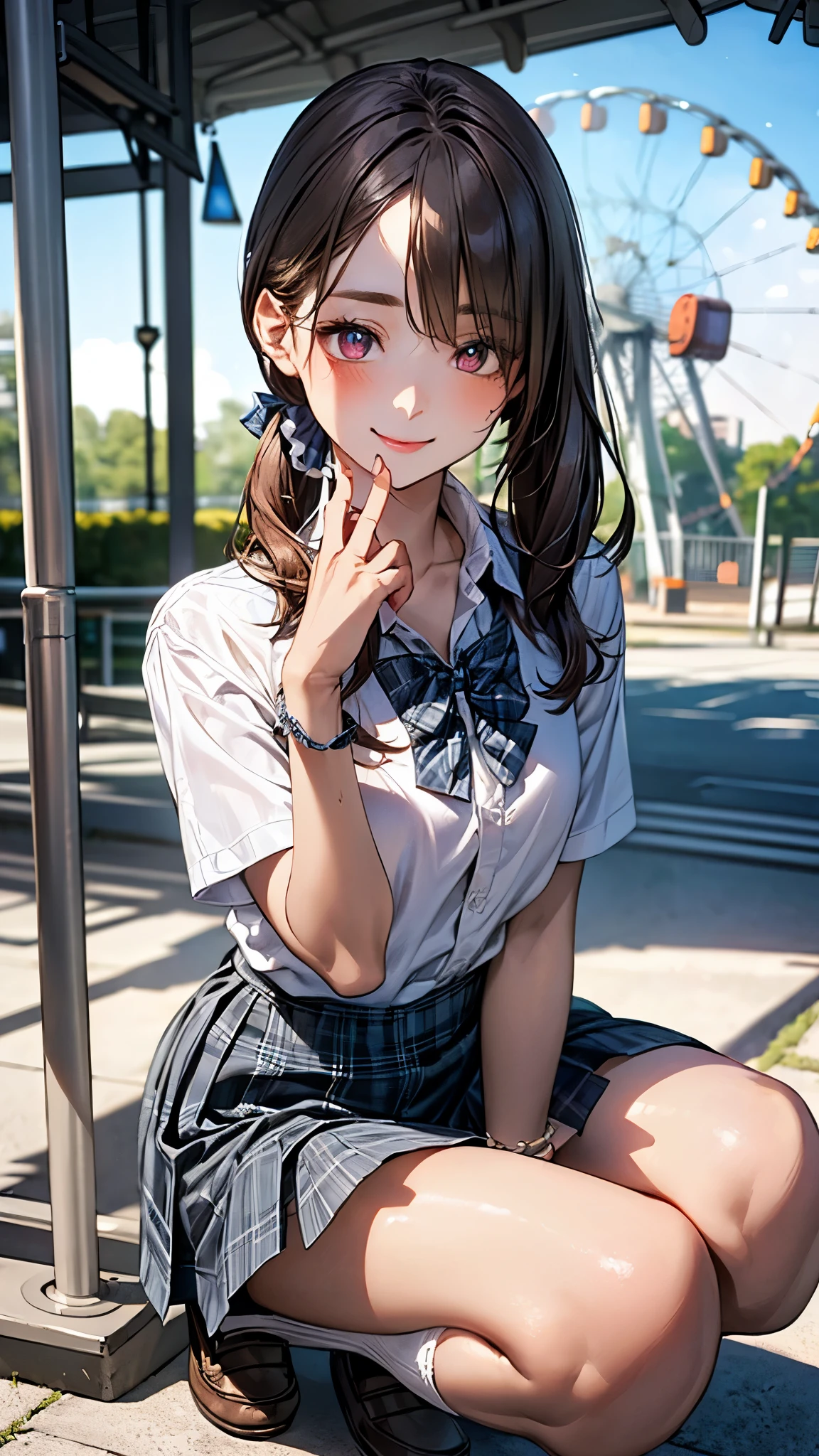 (masterpiece:1.2, top-quality), (realistic, photorealistic:1.4), beautiful illustration, (natural side lighting, movie lighting), 
looking at viewer, full body, front view:0.6, 1 girl, japanese, high school girl, perfect face, cute and symmetrical face, suntan, shiny skin, 
(long hair:1.5, side ponytail:1.4, brown hair), hair over one eye:1.4, maroon eyes, long eye lasher, (large breasts:0.6), 
beautiful hair, beautiful face, beautiful detailed eyes, beautiful clavicle, beautiful body, beautiful chest, beautiful thigh, beautiful legs, beautiful fingers, 
((collared short sleeve shirt, white shirt, , grey plaid pleated skirt, blue plaid bow tie), wrist chakra), 
(beautiful scenery), amusement park, go-round, ferris wheel, (squatting, skirt hold), (lovely smile, upper eyes),