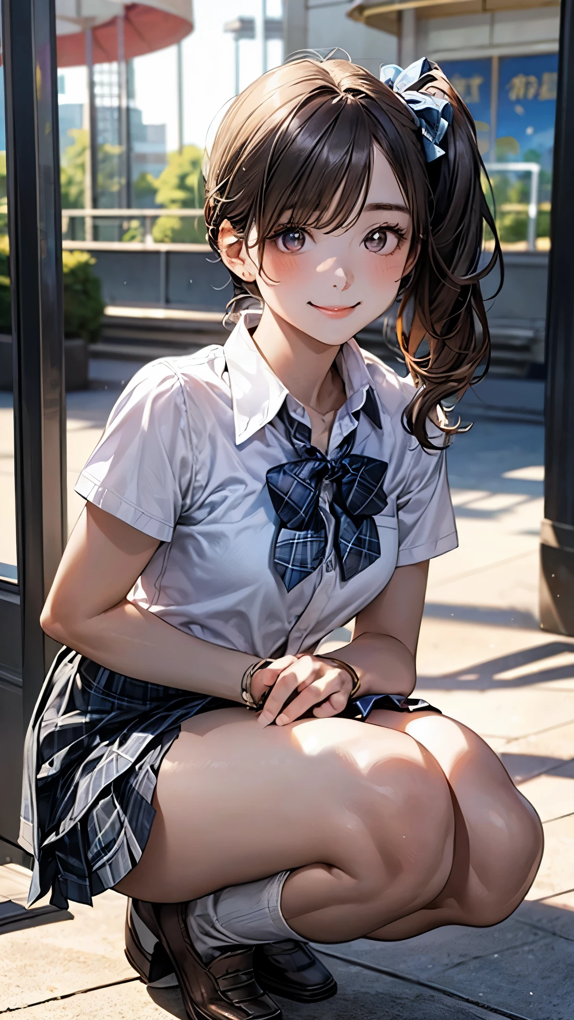(masterpiece:1.2, top-quality), (realistic, photorealistic:1.4), beautiful illustration, (natural side lighting, movie lighting), 
looking at viewer, full body, front view:0.6, 1 girl, japanese, high school girl, perfect face, cute and symmetrical face, suntan, shiny skin, 
(long hair:1.5, side ponytail:1.4, brown hair), hair over one eye:1.4, maroon eyes, long eye lasher, (large breasts:0.6), 
beautiful hair, beautiful face, beautiful detailed eyes, beautiful clavicle, beautiful body, beautiful chest, beautiful thigh, beautiful legs, beautiful fingers, 
((collared short sleeve shirt, white shirt, , grey plaid pleated skirt, blue plaid bow tie), wrist chakra), 
(beautiful scenery), amusement park, go-round, ferris wheel, (squatting, skirt hold), (lovely smile, upper eyes),
