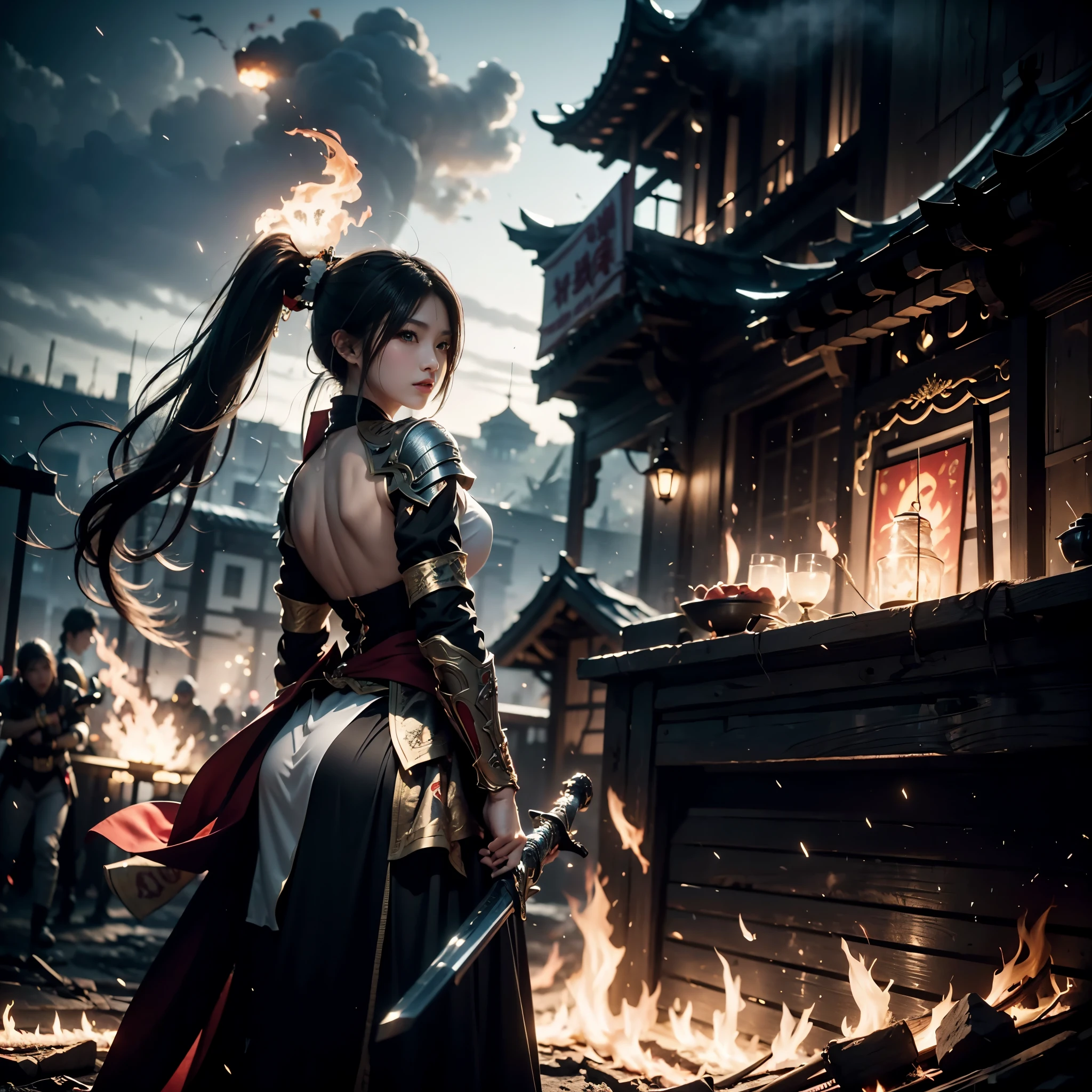 A Chinese woman with a high ponytail holding a sword，holding sword，Heroic and heroic，Wearing gorgeous and majestic armor，with her back to the picture，Showing a kind of pride and perseverance。High ponytail tied high，She looks energetic，Full of fighting power。

In the background，The battlefield is full of gunfire，The tall city gate swayed in the blazing fire，Flames rose into the sky，Reflecting the tragic scene on the battlefield。Soldiers died everywhere，Their bodies lay in a pool of blood.，Silently telling the cruelty of war。

Beacon fire，Wolf smoke is everywhere，The beacon towers in the distance are constantly lit，Release billowing smoke，Intertwined with the dark clouds in the sky，A doomsday-like picture。The smoke and flames of war，Make the entire battlefield look more tragic and shocking。

in color，Use dark red、Deep tones such as gold and black，Create the blood and heaviness of war。at the same time，Dotted with the orange-red of flames and the dark yellow of beacon fires，form a sharp contrast，Make the picture more vivid and impactful。

Details aspect，Pay attention to the exquisite depiction of armor，Showing its gorgeous and sturdy features。at the same time，The flames at the city gate and the corpses on the battlefield also need to be painted in detail，To create a real battlefield atmosphere。also，Through the clever use of light and shadow,，Highlight the contrast between the woman&#39;s back and the battlefield，Make the picture more layered。

This picture will show the back of a brave and fearless Chinese female warrior on the battlefield.，Her tenacity and glory will be conveyed to every audience through the screen，Let people feel the courage and strength she represents。