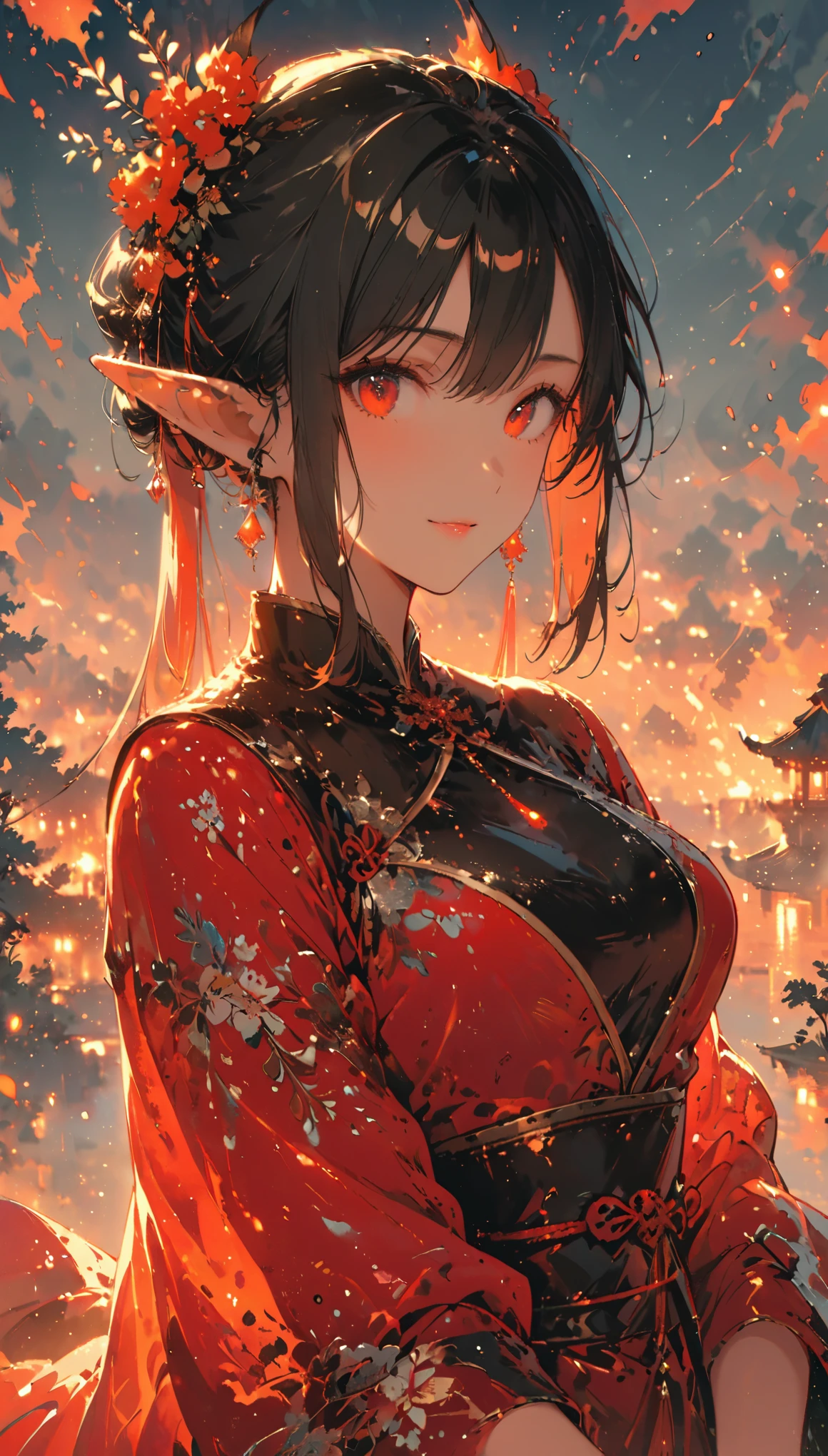 ((half body Portrait of a fire elf)), red flowing hair, shiny red eyes,( medium length pointy ears),orange fire around, flaming theme, burning atmosphere, (detailed sexy Chinese style costume:1.2), red glowing tattoos, orange crystal jewelry, light smile, mature body, colorful ,by Mappa studios,masterpiece,best quality,official art,illustration,ligne claire,(cool_color),perfect composition,absurdres, fantasy,focused,rule of third, close up portrait 