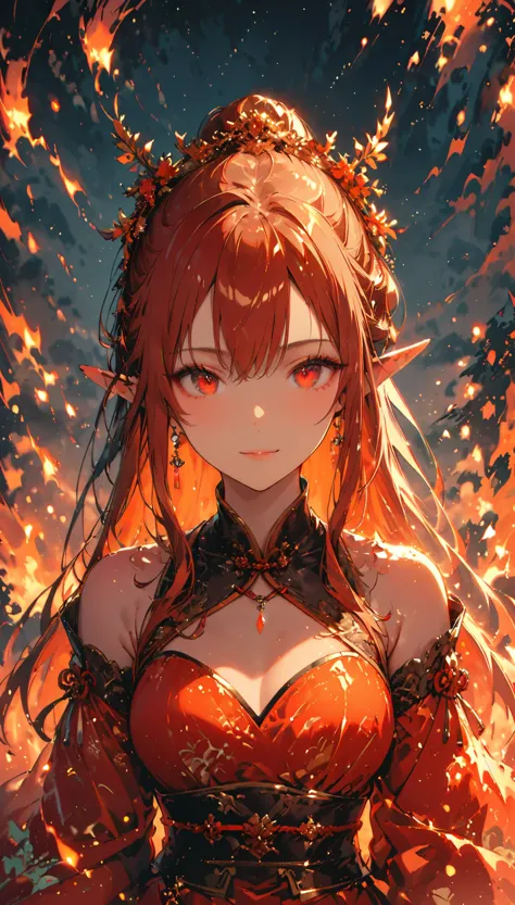 ((half body portrait of a fire elf)), red flowing hair, shiny red eyes,( medium length pointy ears),orange fire around, flaming ...