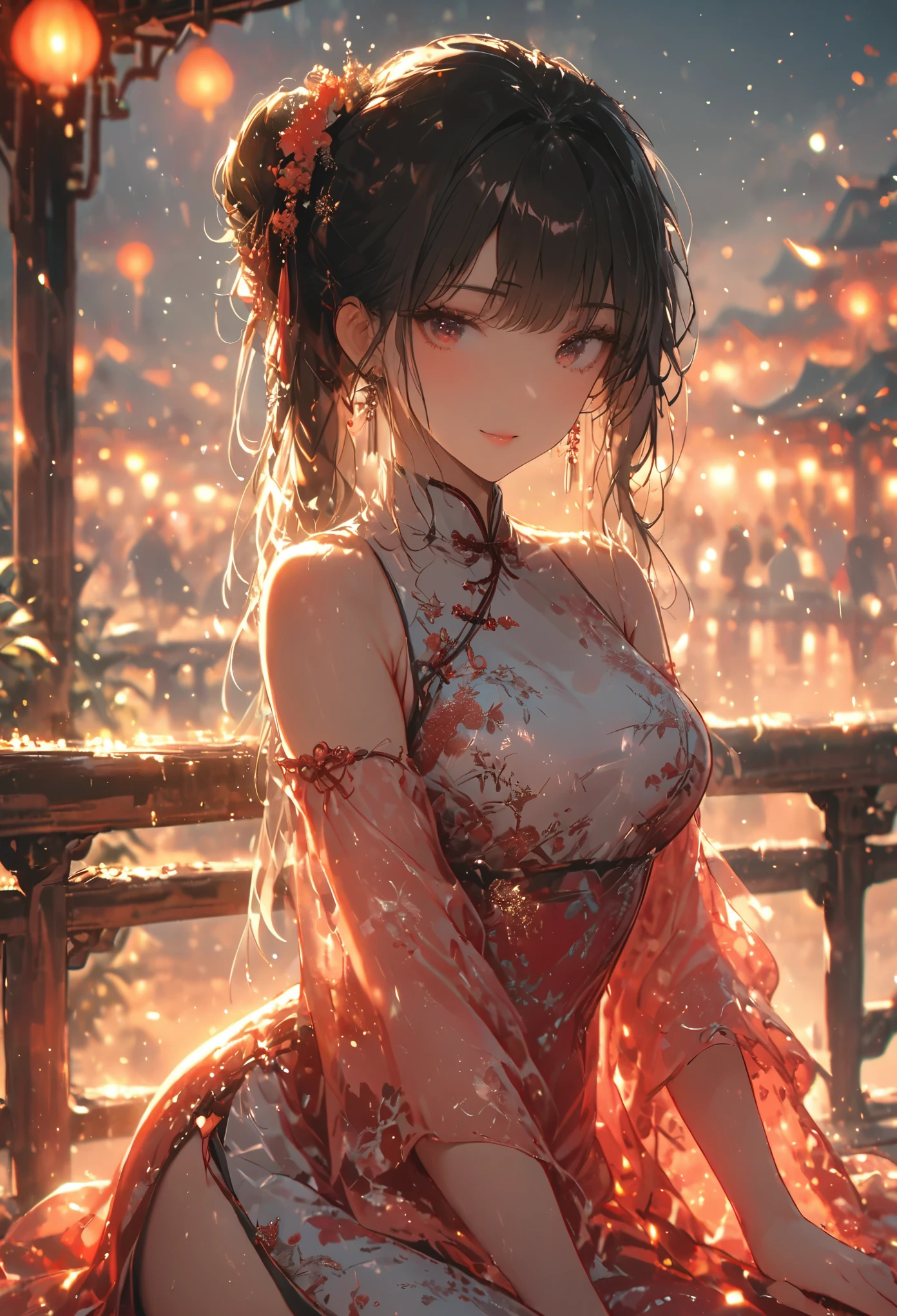 (best quality,4k,8k,highres,masterpiece:1.2),ultra-detailed,red light street,girl,beautiful detailed eyes,beautiful detailed lips,extremely detailed eyes and face, smiling coldly,long messy hair,white with pink flowers detail dress,Chinese style dress,close shot,sexy pose,bench,light particles,romantic ambiance,attractive,provocative,alluring,powerful gaze,vintage vibe,warm color palette,soft focus,gentle lighting