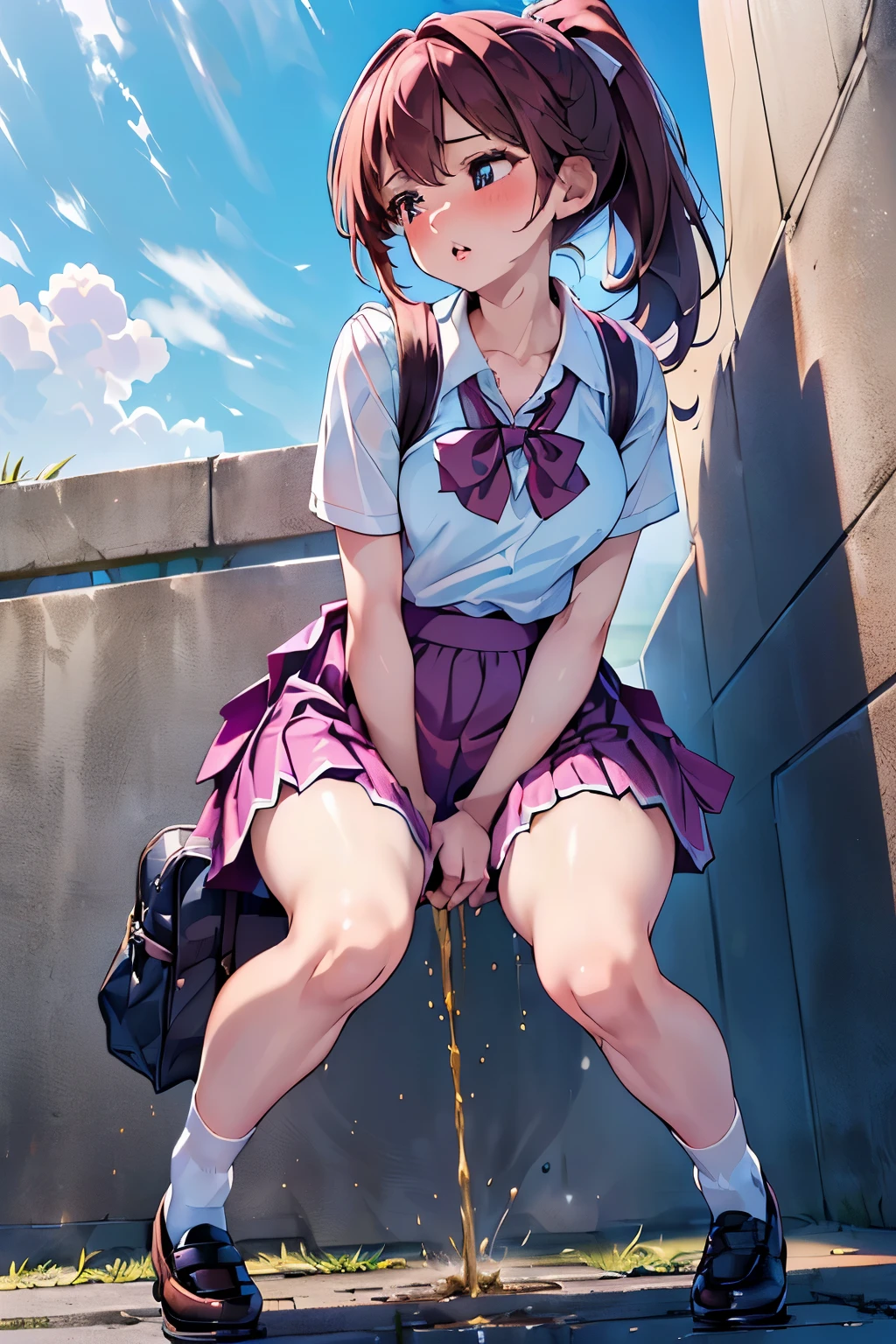 Anime girl sitting on a pole with her legs crossed - SeaArt AI