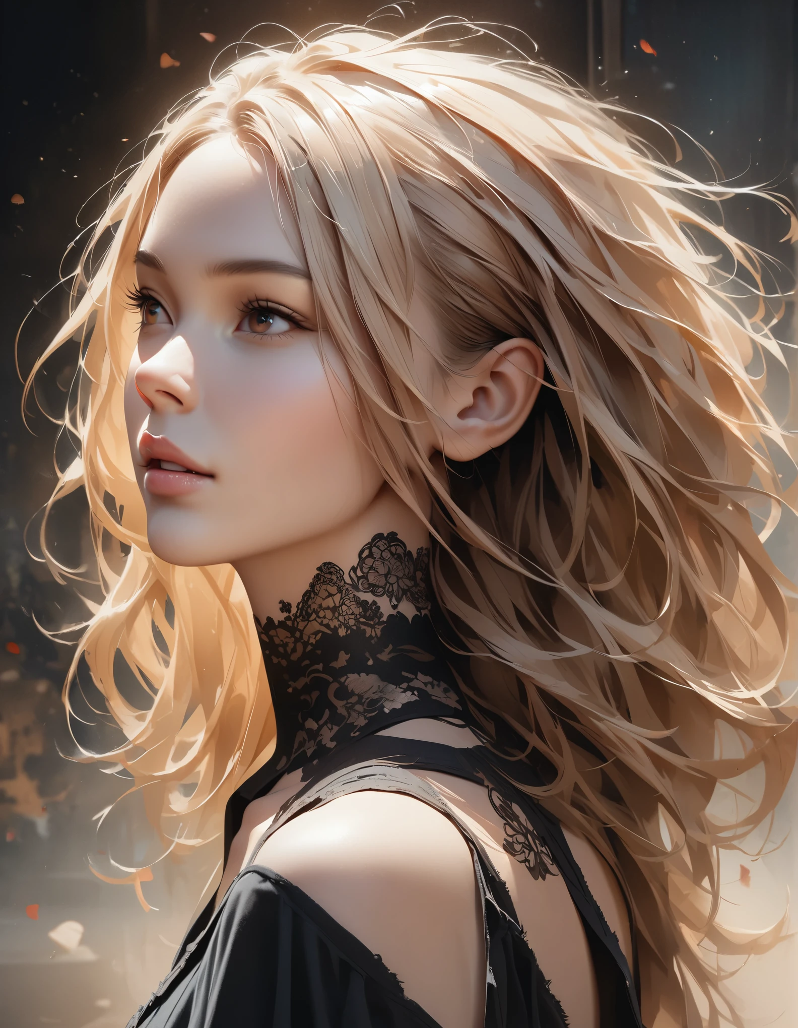 in style of Emmanuel Shiu, ink art, side view ，(best quality,4k,8k,highres,masterpiece:1.2),ultra-detailed,(realistic,photorealistic,photo-realistic:1.37),simple modern art,close-up of a woman with lotus tattoo on her neck, flowing black long hair, black minimalist clothing, pure and smooth skin, slender and beautiful eyes, by Mei Qing, elegant and beautiful digital art, exquisite digital illustration, beautiful portrait, watercolor painting combined with photography, rendered with high octane value.