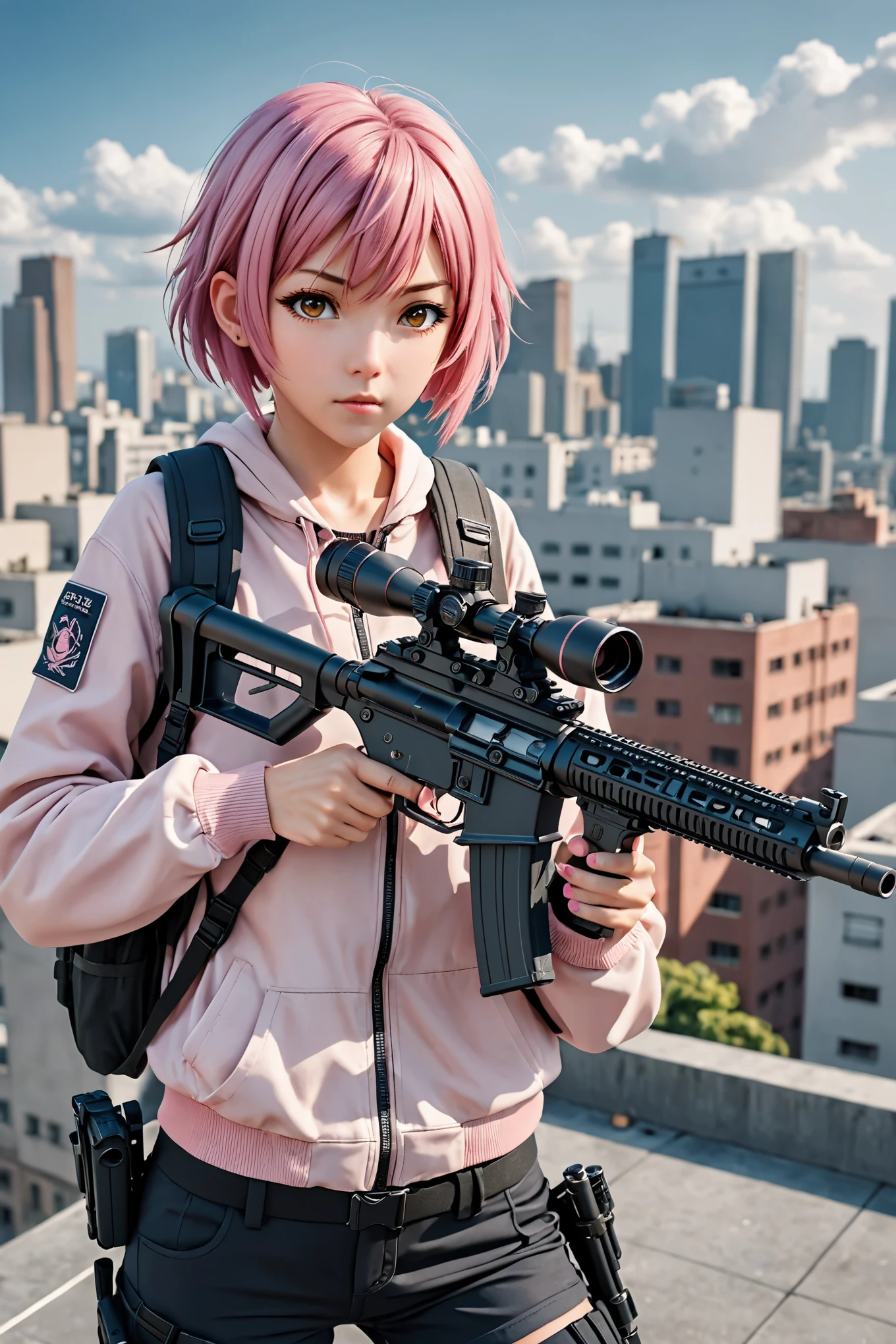 qualité incroyable, chef-d&#39;œuvre, meilleure qualité, hyper détaillé, ultra détaillé, UHD, profondeur de champ, Style animé, 1fille, seulement, seulement focus, tenir et viser un fusil de sniper, expression déterminée, lycéen, cheveux roses courts, Cadre urbain sur les toits, smogeux, intense, ((seulement cinq doigts)), 