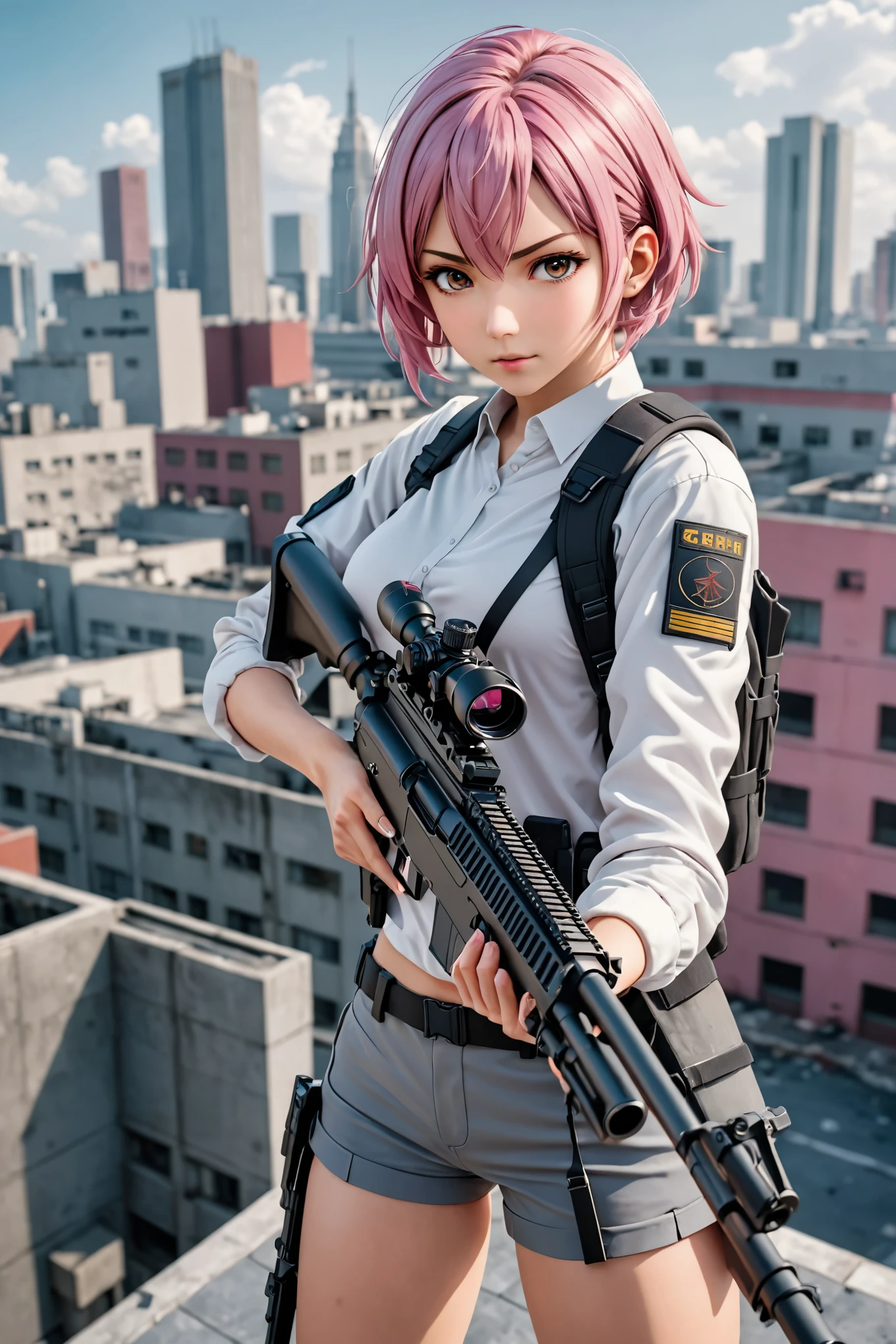 amazing quality, masterpiece, best quality, hyper detailed, ultra detailed, UHD, depth of field, anime style, 1girl, solo, solo focus, holding and aiming sniper rifle, determined expression, high school student, short pink hair, urban rooftop setting, smoggy, intense, ((only five fingers)), 