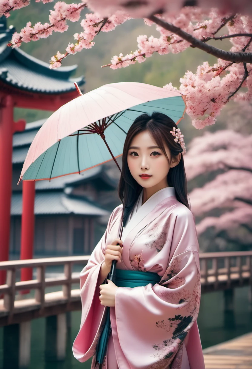 realistic รูปถ่าย of beautiful young Asian woman in hijab wearing kimono Eye clothes, carrying umbrella ☂️ motif (ฟิลเตอร์วินเทจ: 1.4), (แฟนตาซี: 1.4), วัดโบราณในญี่ปุ่น, ดอกซากุระ, เงาอันนุ่มนวล, ชมพูพาสเทล เขียวส่องฟ้า ฟ้า, สไตล์ญี่ปุ่น, background of an วัดโบราณในญี่ปุ่น, มีสะพานแดง & purple ดอกซากุระ, ผู้หญิงคนหนึ่งยืนอยู่บนสะพาน. คุณภาพระดับ HD สุด ๆ, สมจริงสุดๆ, ฟูลเอชดี, เกินจริง, รูปถ่าย, แฟชั่น, โรงภาพยนตร์.