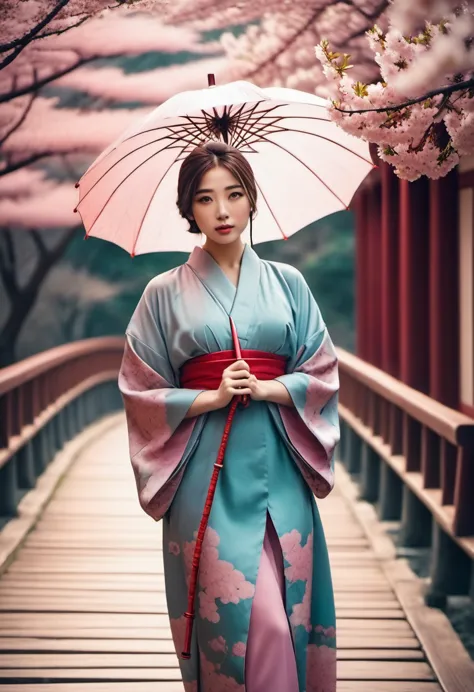 realistic photo of beautiful young Asian woman in hijab wearing kimono Eye clothes, carrying umbrella ☂️ motif (Vintage filter: ...