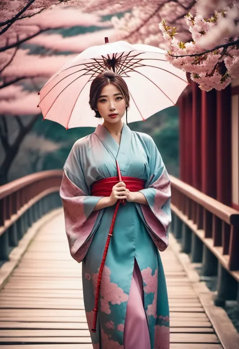 realistic photo of beautiful young asian woman in hijab wearing kimono eye clothes, carrying umbrella ☂️ motif (vintage filter: ...