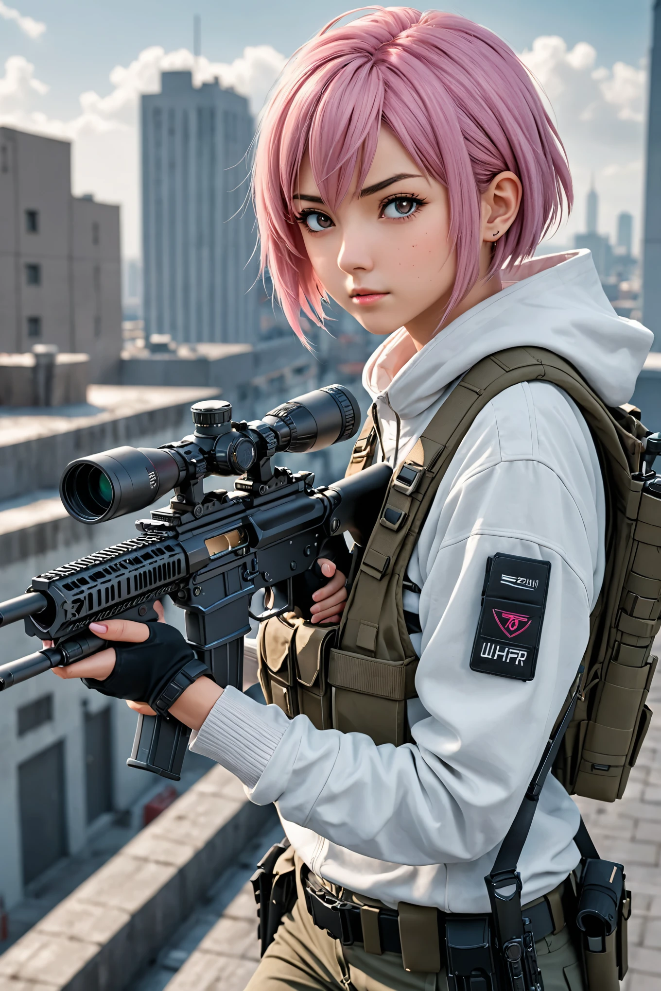 amazing quality, masterpiece, best quality, hyper detailed, ultra detailed, UHD, depth of field, anime style, 1girl, solo, solo focus, holding and aiming sniper rifle, determined expression, high school student, short pink hair, urban rooftop setting, smoggy, intense