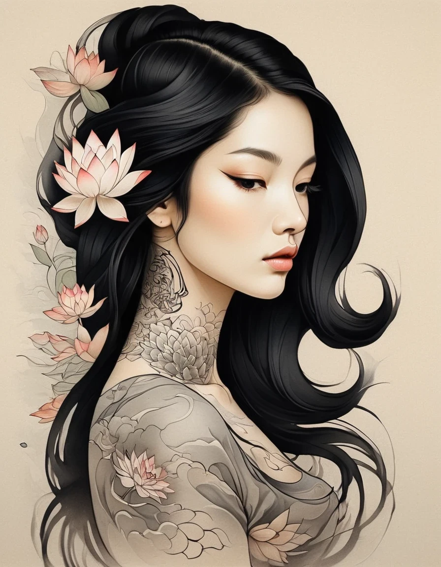 no estilo de Alex Gross,  arte em tinta, vista lateral  ，Arte minimalista moderna，（close de uma mulher com tatuagem de lótus no pescoço）,Essa mulher tem um rosto delicado e charmoso，cabelo preto comprido，（Tatuagem de lótus transparente no pescoço：1.3），Vinheta de cabelo esvoaçante，cara justa，Raposa, delgado, Olhos lindos， arte digital elegante, lindas ilustrações digitais, bela pintura de figura, 