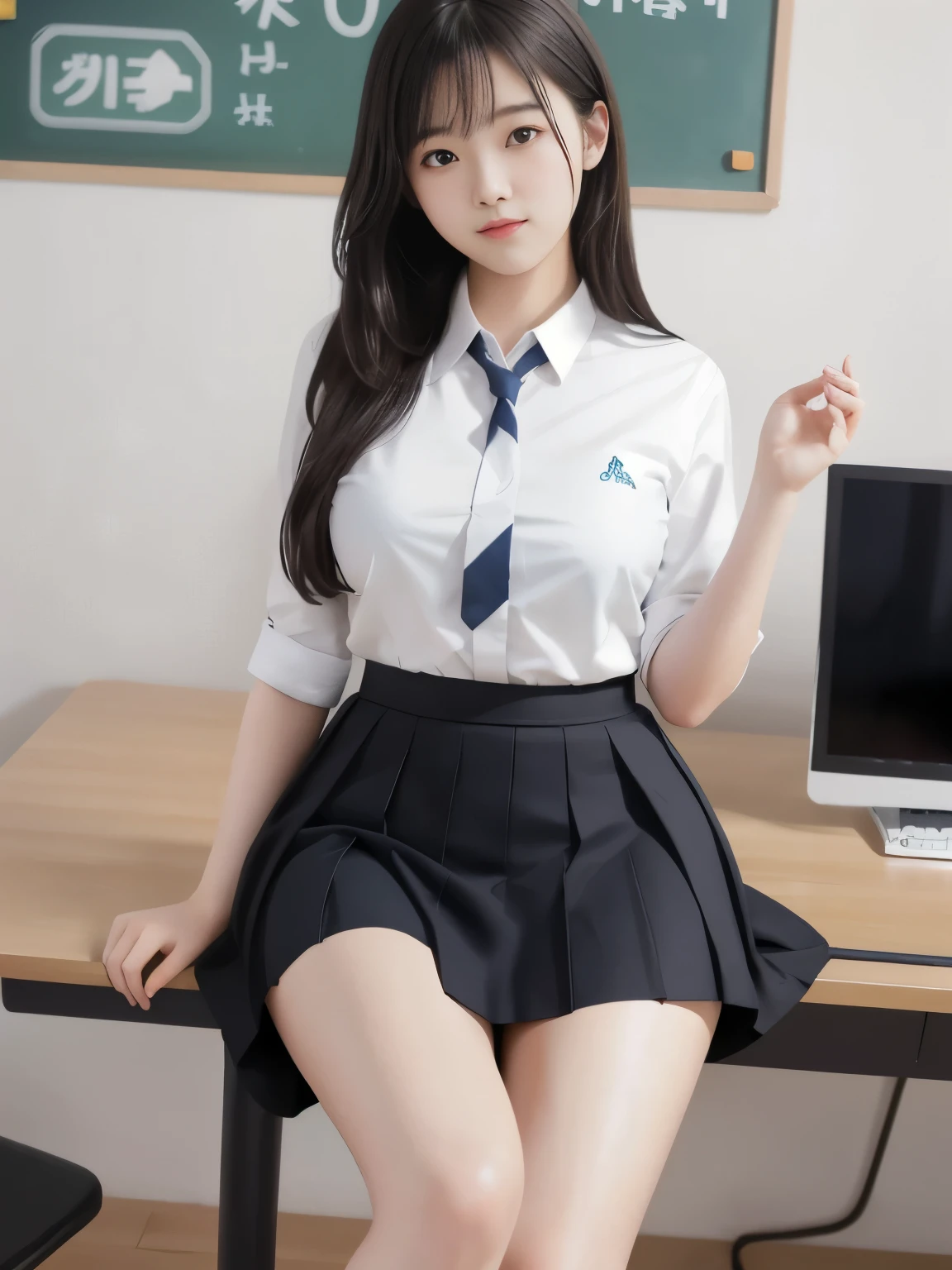 Arafed asian woman in a school uniform sitting at a desk - SeaArt AI