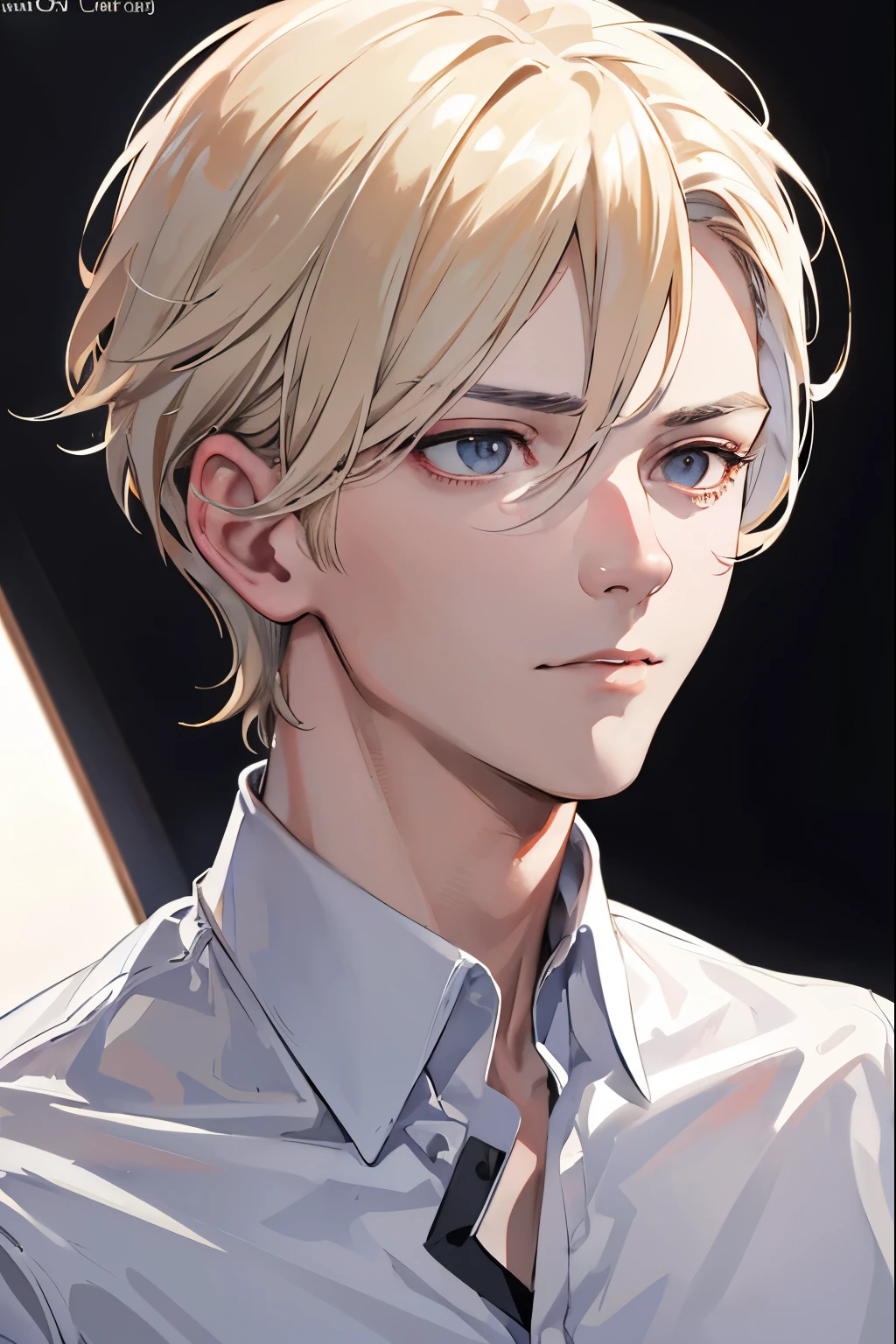 Anime boy with blonde hair and blue eyes wearing a white shirt - SeaArt AI